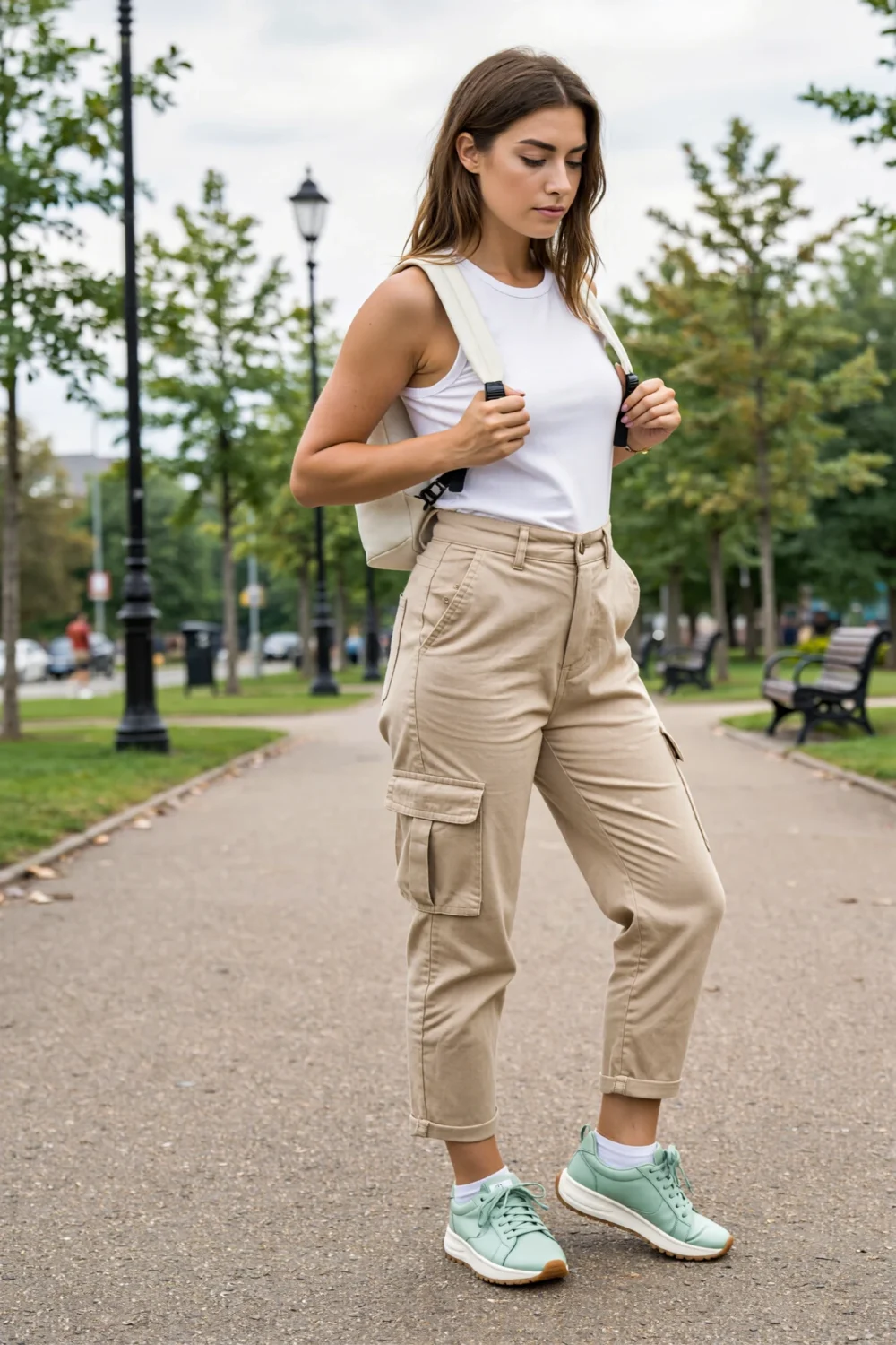 Woman in white tank and cropped beige cargo pants with sage-green sneakers and a compact backpack on a park path with casual vibe