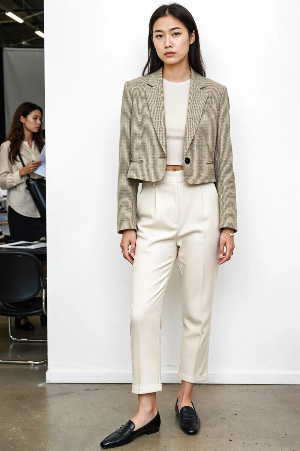Petite model in a tailored cropped blazer, high-rise ankle pants, and pointed black flats for a compact, walkable polished uniform