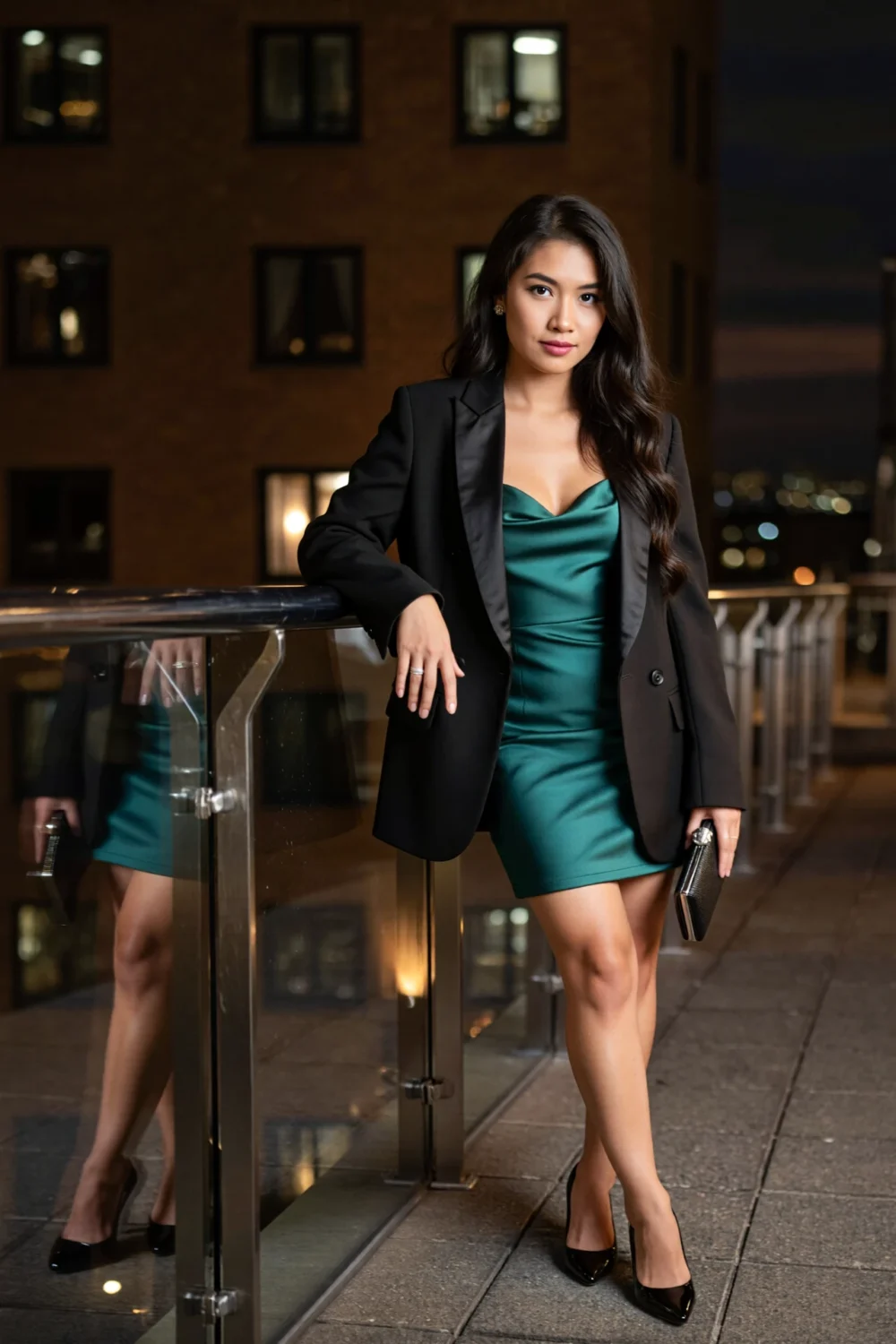 Woman in a waist-length cropped black blazer over a green mini cocktail dress, polished proportions and clean lines for evening