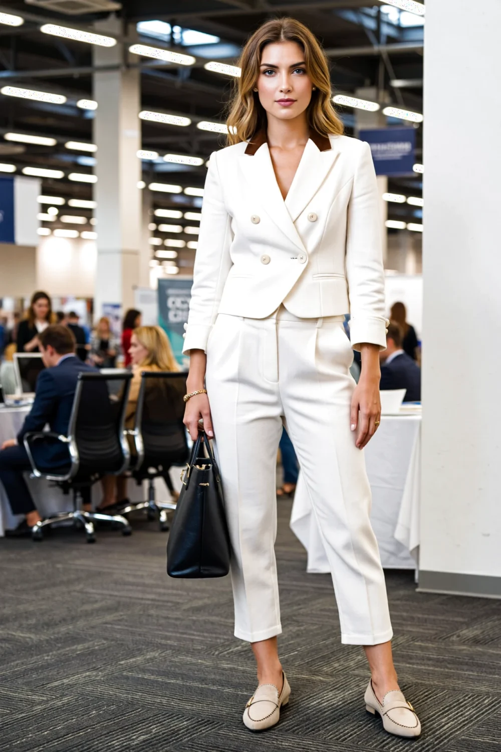 Woman wearing a cream cropped blazer and ankle-grazing 7/8 trousers, holding a black tote for a sleek campus-to-corporate look
