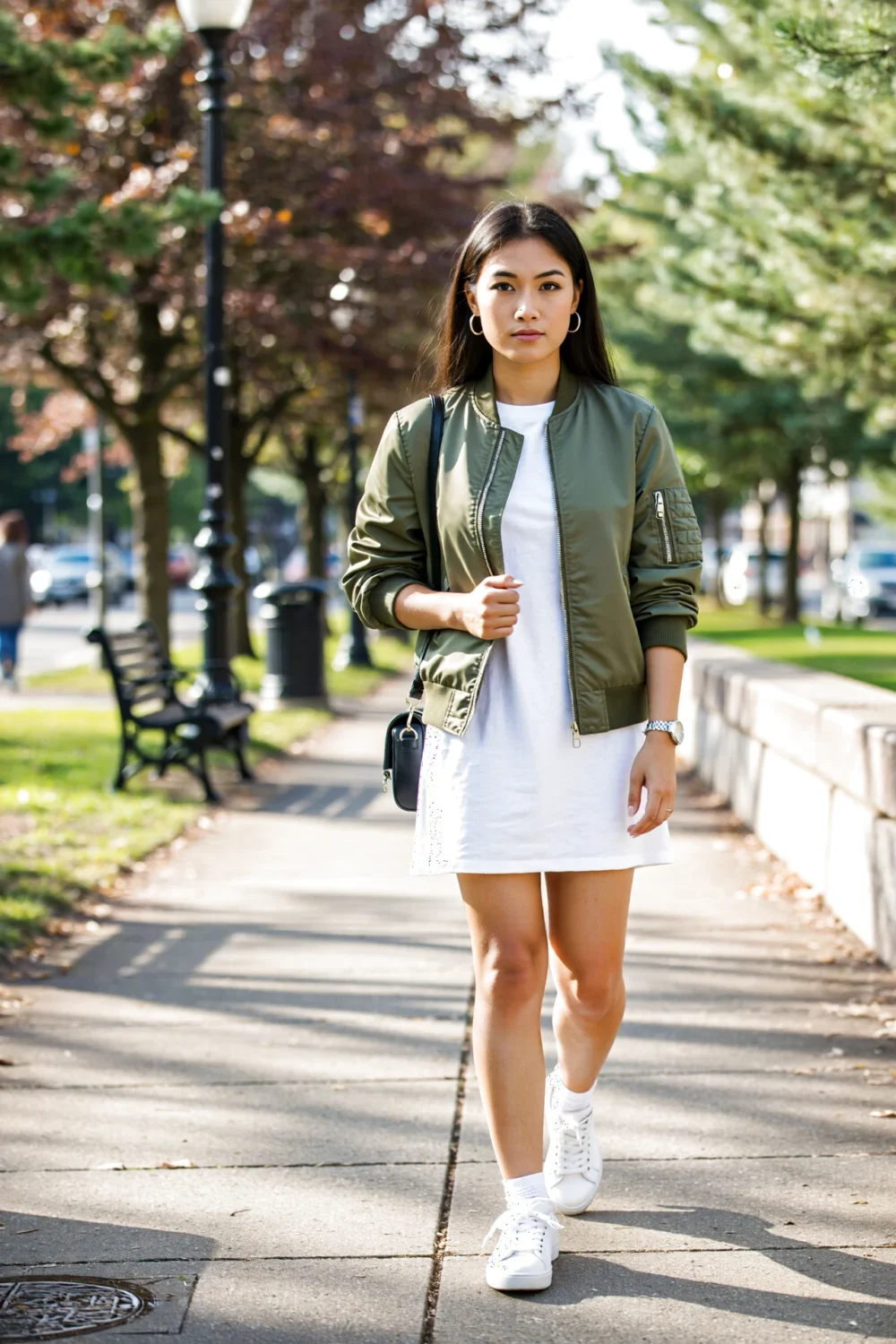 Young woman walks on sidewalk wearing an olive cropped bomber over a white T-shirt dress, white sneakers and a black crossbody bag