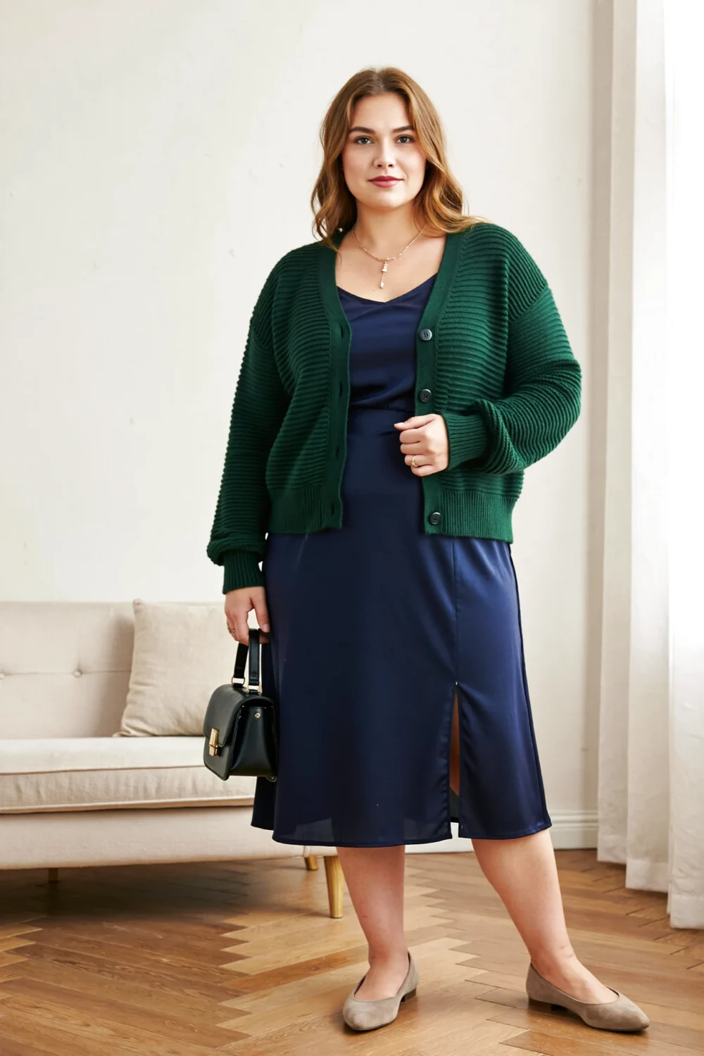 Cropped forest green cardigan over a blue midi dress, creating chic color-blocking with a plush knit and waist-length silhouette indoors