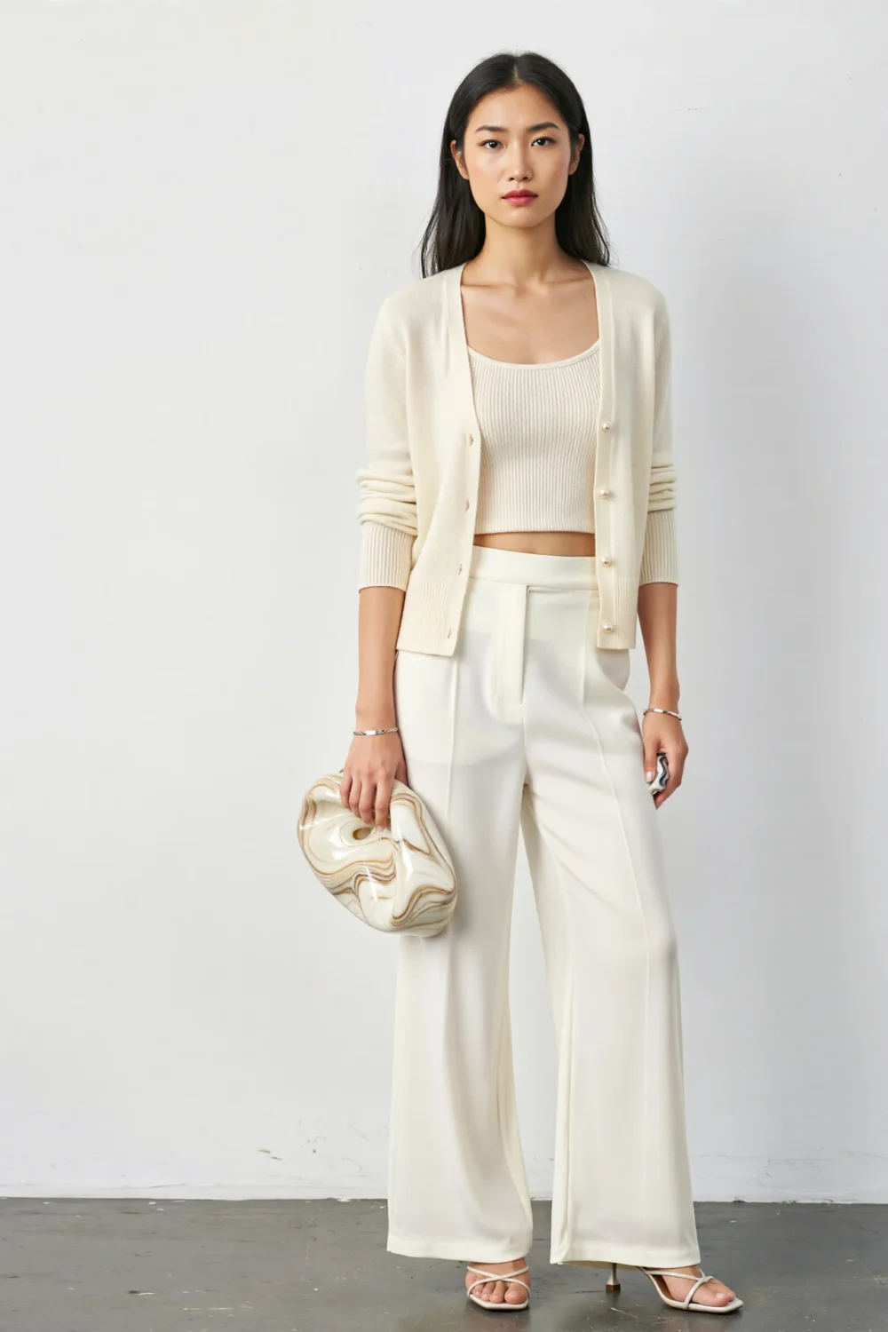 Cream cropped cardigan set with ribbed tank and wide-leg white trousers, styled with slingback heels and a sculptural clutch for chic polish