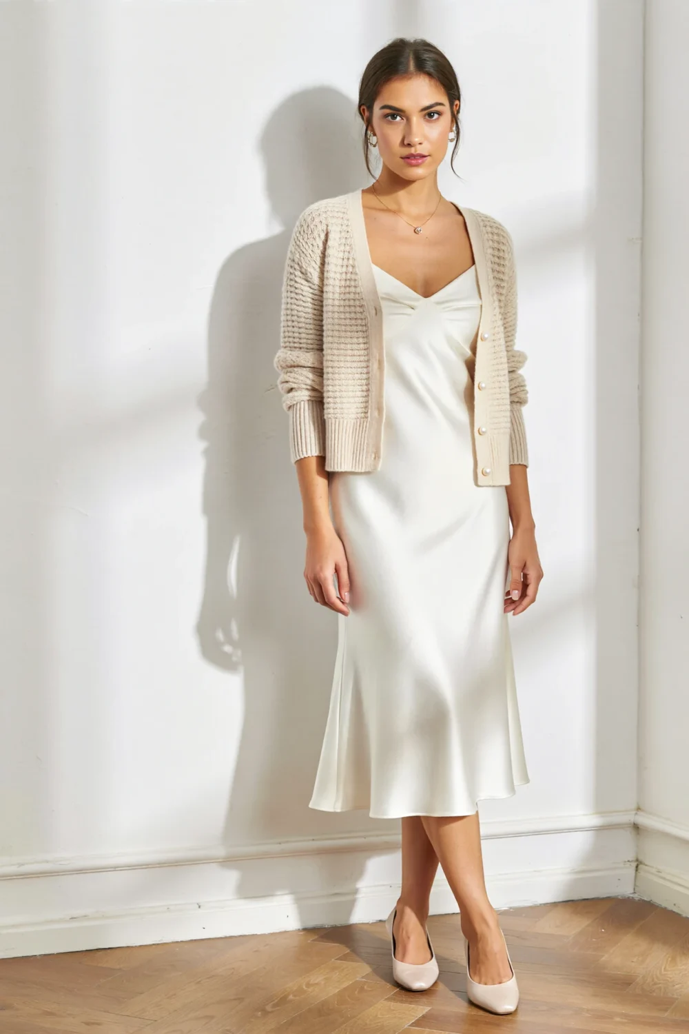 Cropped beige cardigan over a white slip dress with ballet flats, creating a balanced, feminine everyday look with soft knit polish