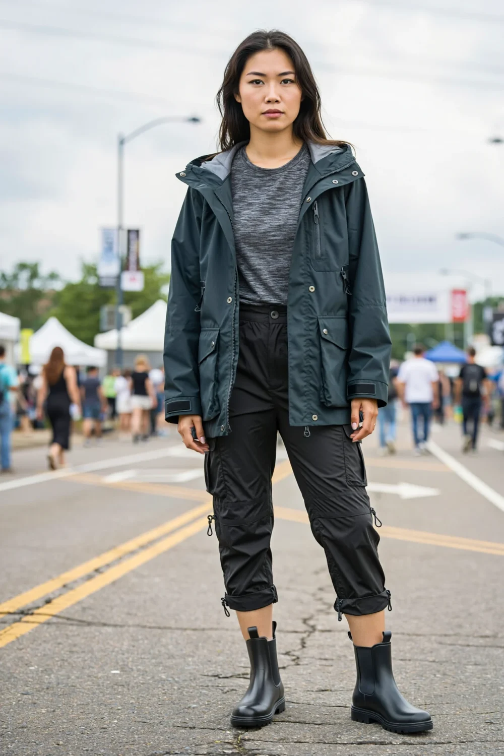 Woman in cropped cargo pants, moisture-wicking tee, and seam-sealed shell, styled for lightweight weather protection on city streets