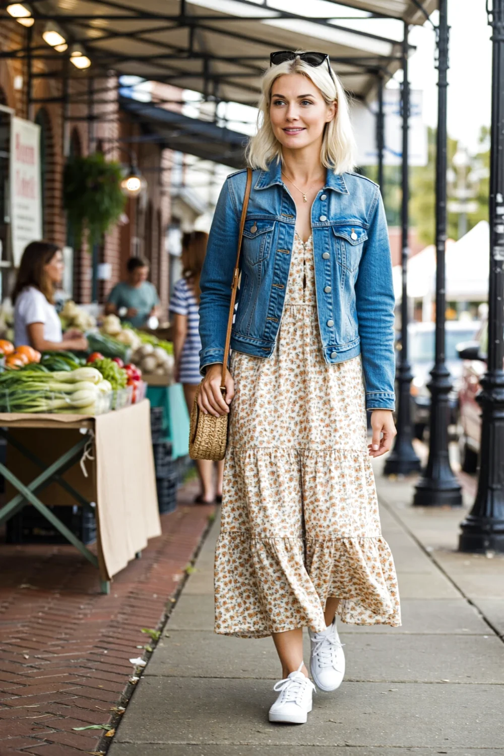 Woman walking past market stalls in a cropped denim jacket over a floral casual maxi dress, white sneakers and straw crossbody bag