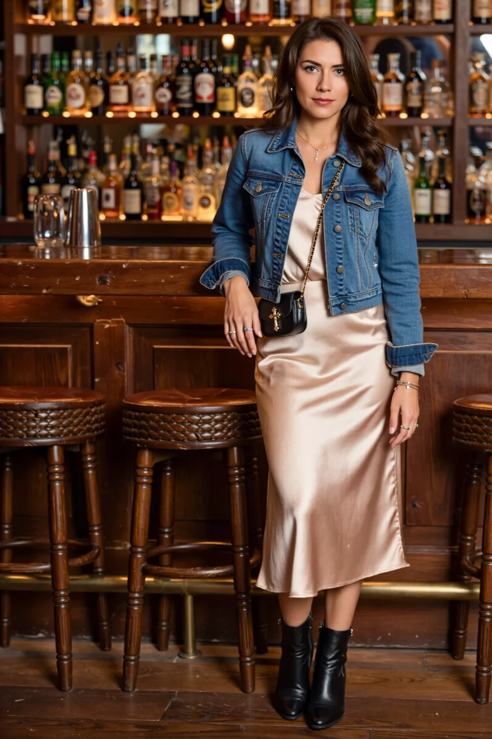 Woman leaning at a wooden bar wearing a cropped denim jacket over a satin blouse and champagne slip skirt with black ankle boots.