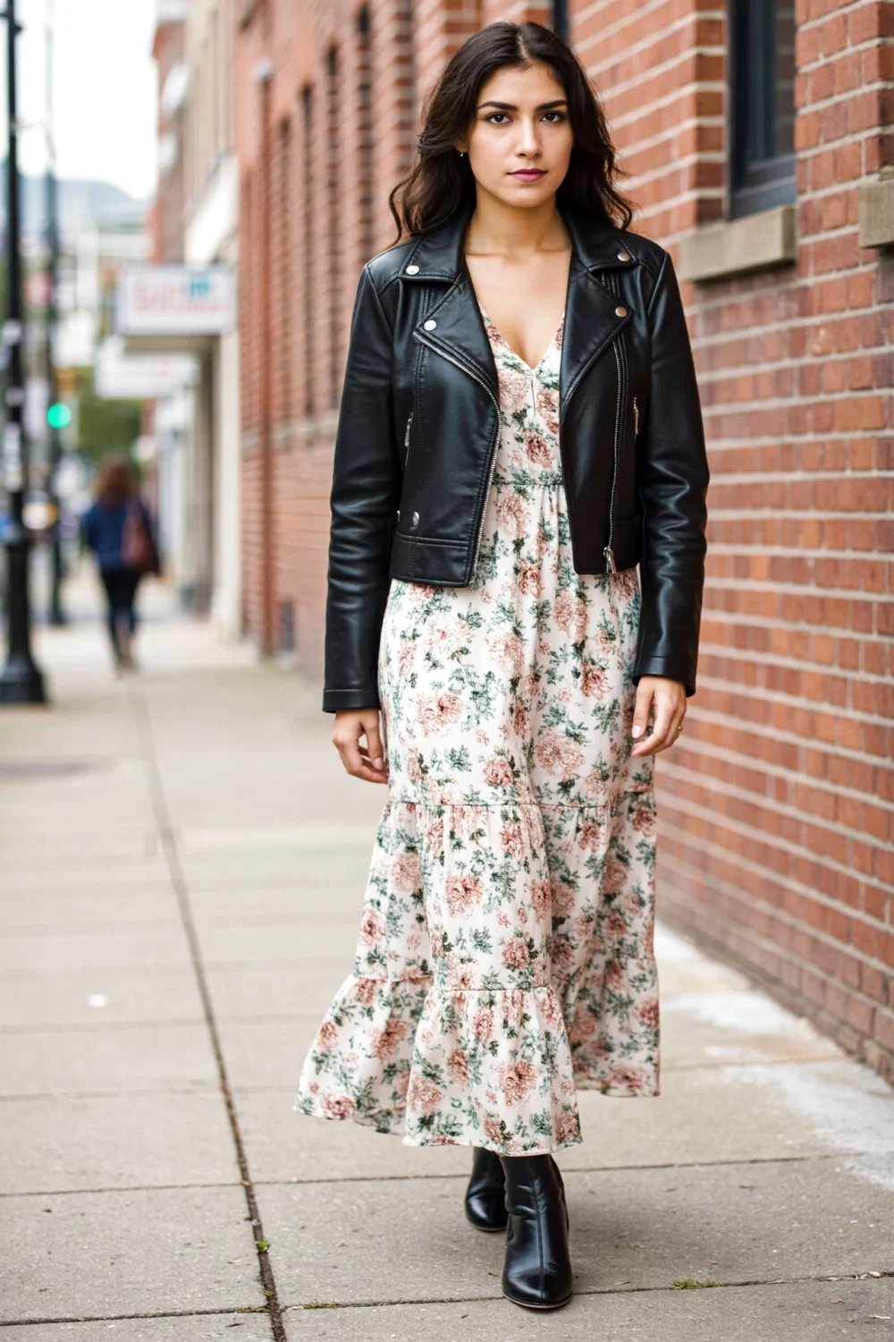 Woman in a cropped black leather jacket over a flowing floral maxi dress, defined waist and ankle boots on a brick sidewalk. urban