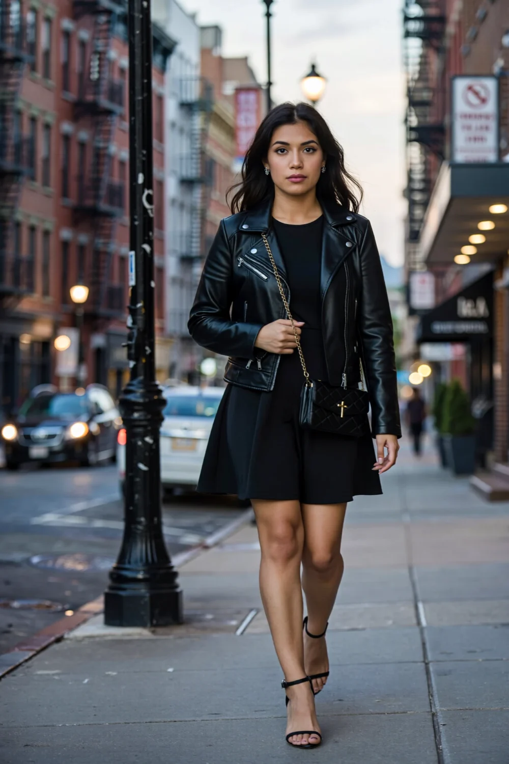 Woman walking in city wearing a cropped black leather jacket over a black skater fit-and-flare dress, waist visible, feminine edge