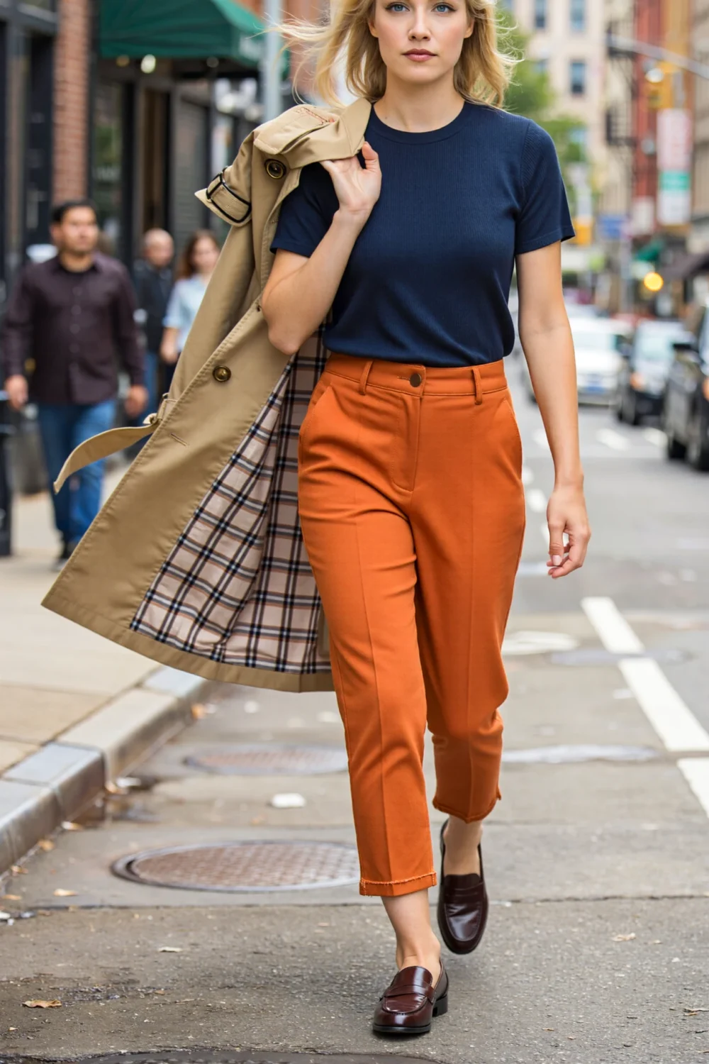 Woman walking city street in cropped orange pants, navy knit tee, and loafers, with a trench coat over shoulder, refined style