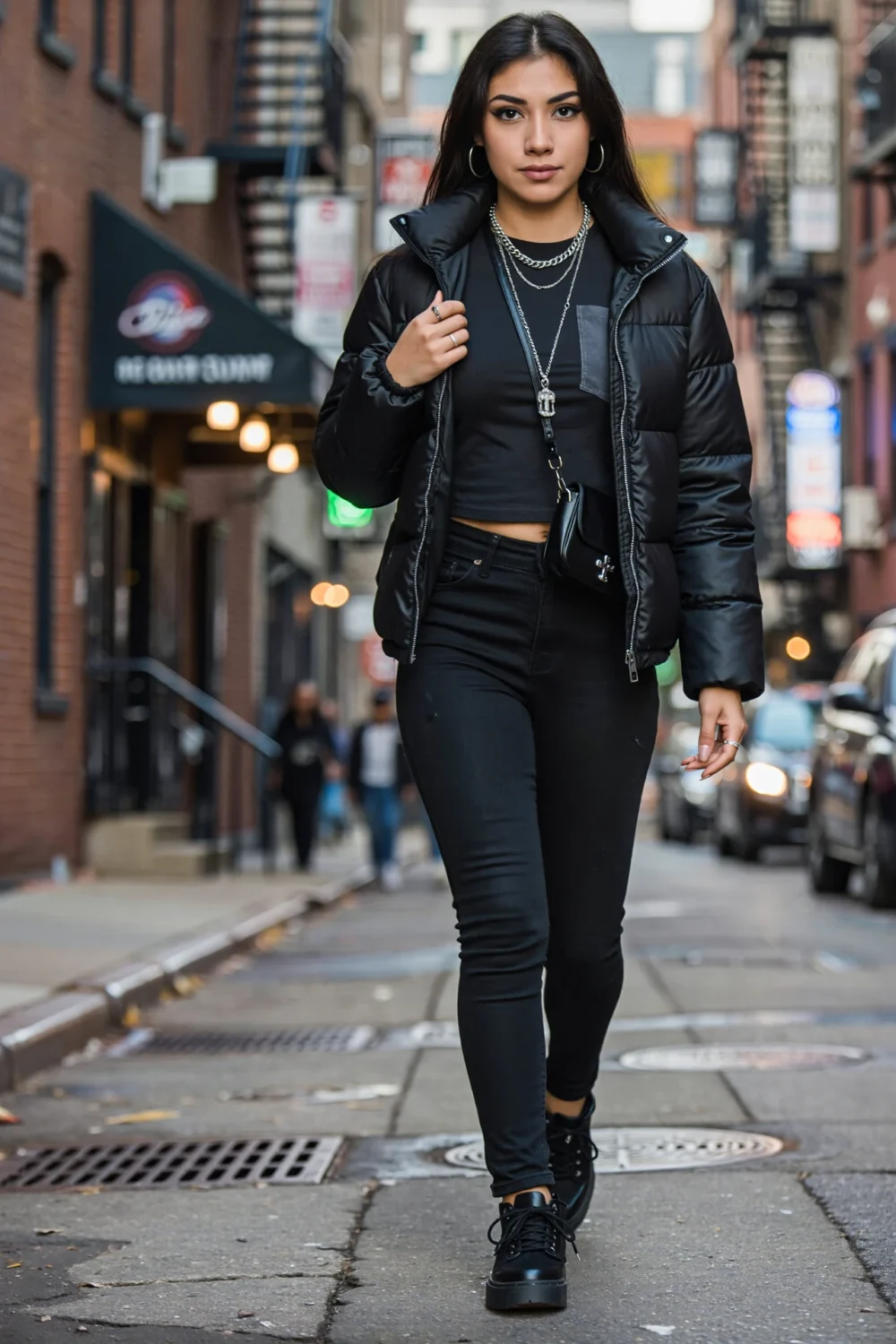 Woman on city street wears a cropped black puffer over a thermal bodysuit and band tee with coated skinnies and platform sneakers.