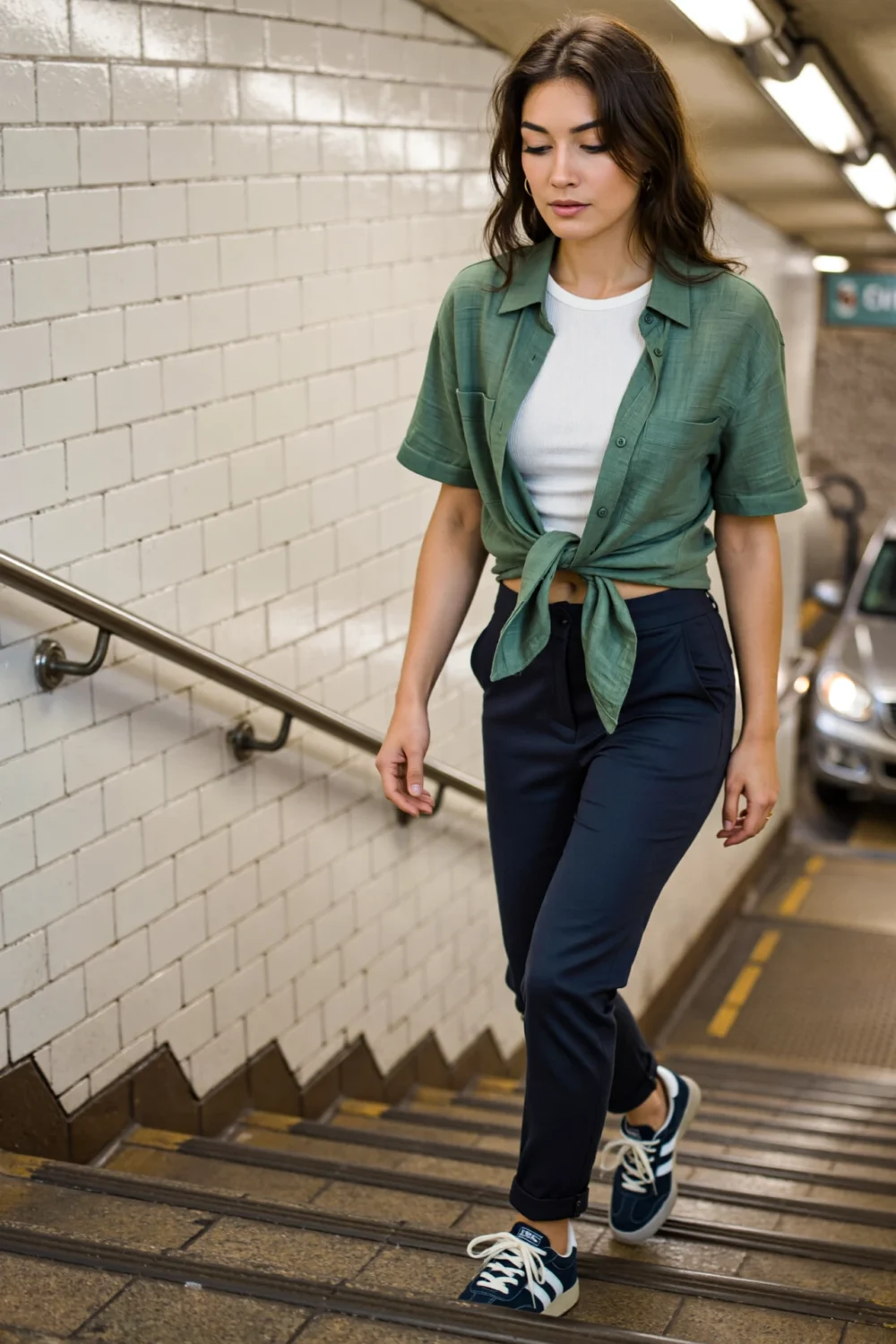 Woman walks down subway stairs in a cropped white ribbed tank, soft-green open linen shirt knotted, navy pants and retro trainers.