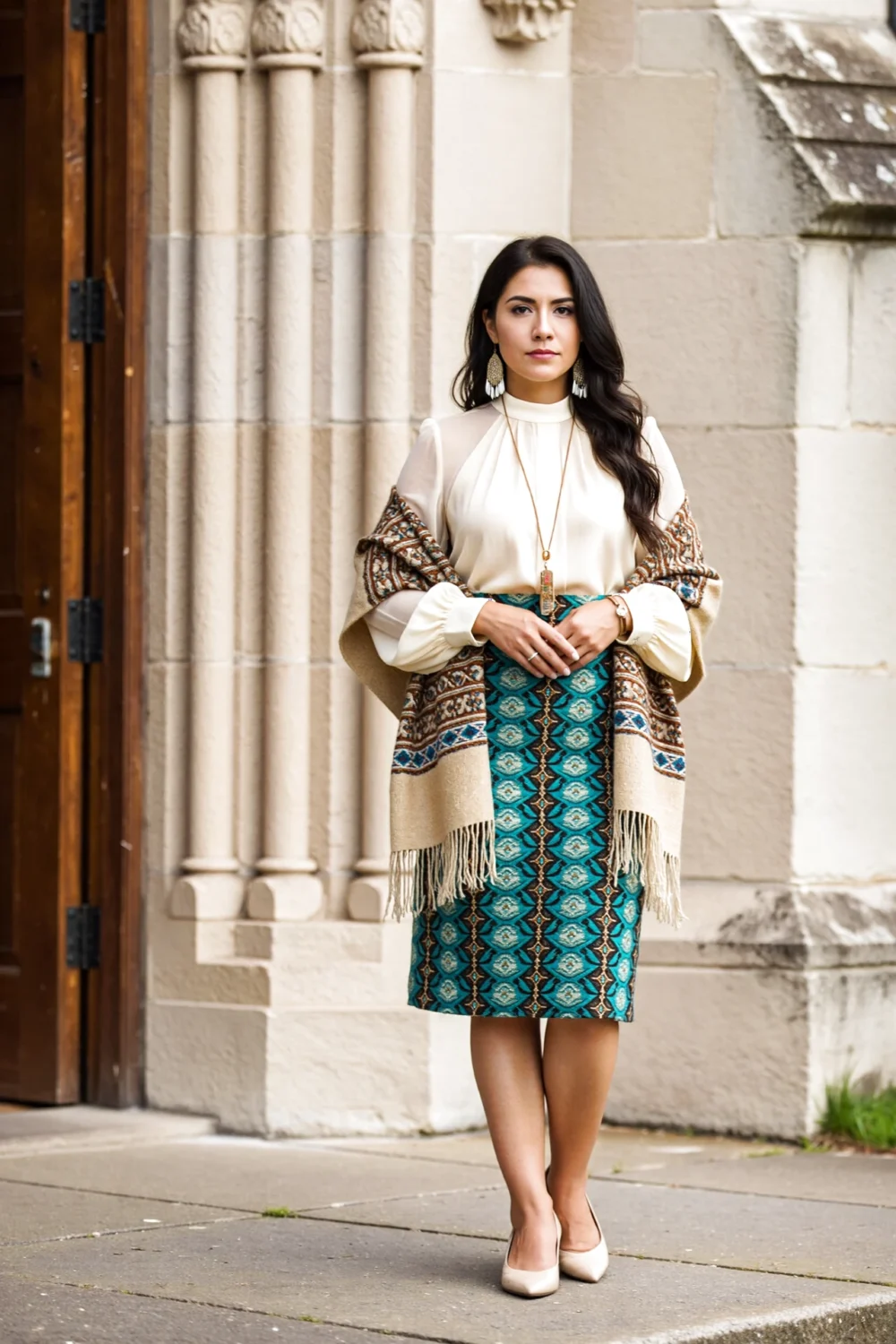 Woman in a high-neck blouse with a culturally infused teal woven midi skirt and fringed shawl, simple shoes and clean jewelry.