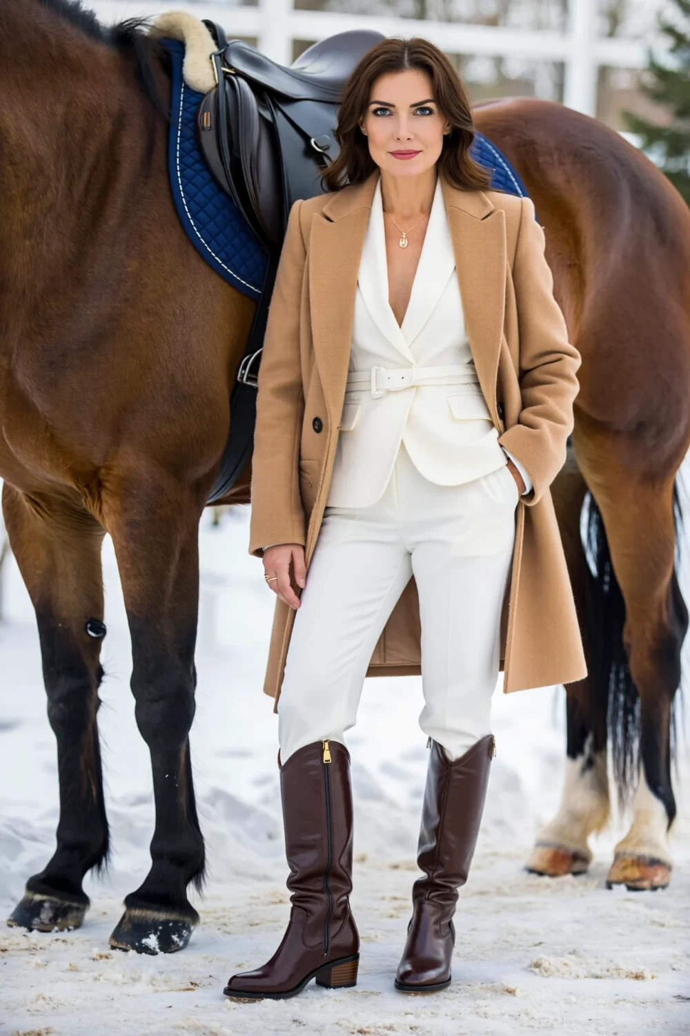 Woman in winter white tailored pants and dark brown knee boots with camel coat, standing beside a saddle horse in snow