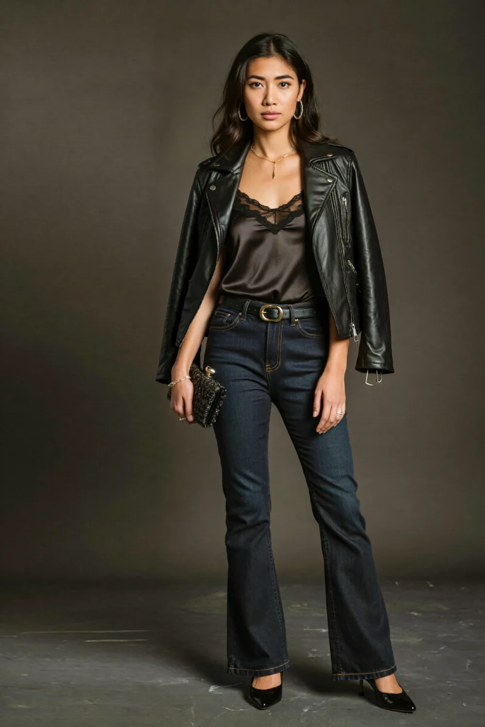 Model in dark-wash flare jeans, black satin lace cami, belt, leather jacket on shoulders and pointed-toe pumps for a night out