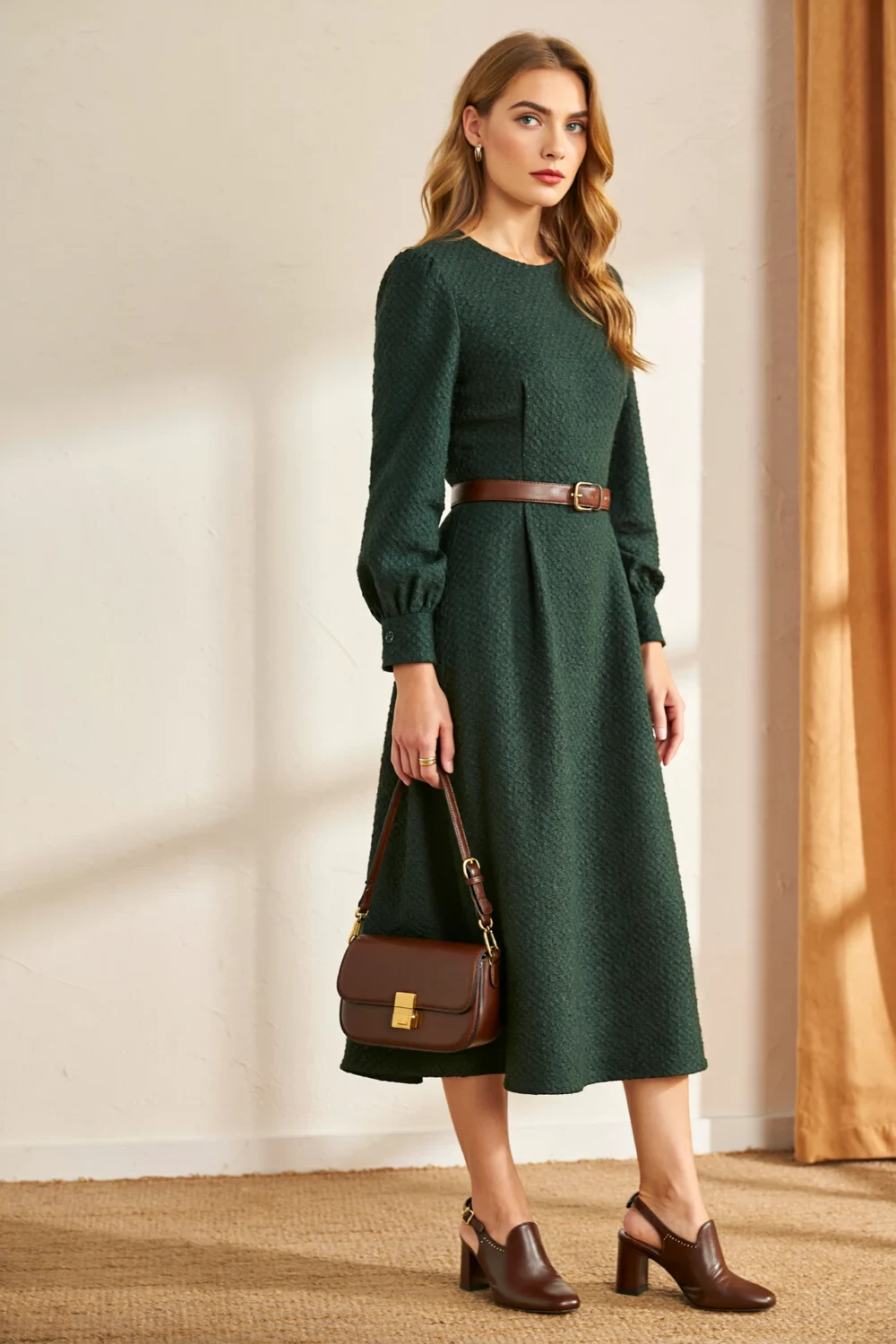 Woman in dark green structured dress with belt, paired with chocolate espresso heels and handbag for a luxe earthy autumn look