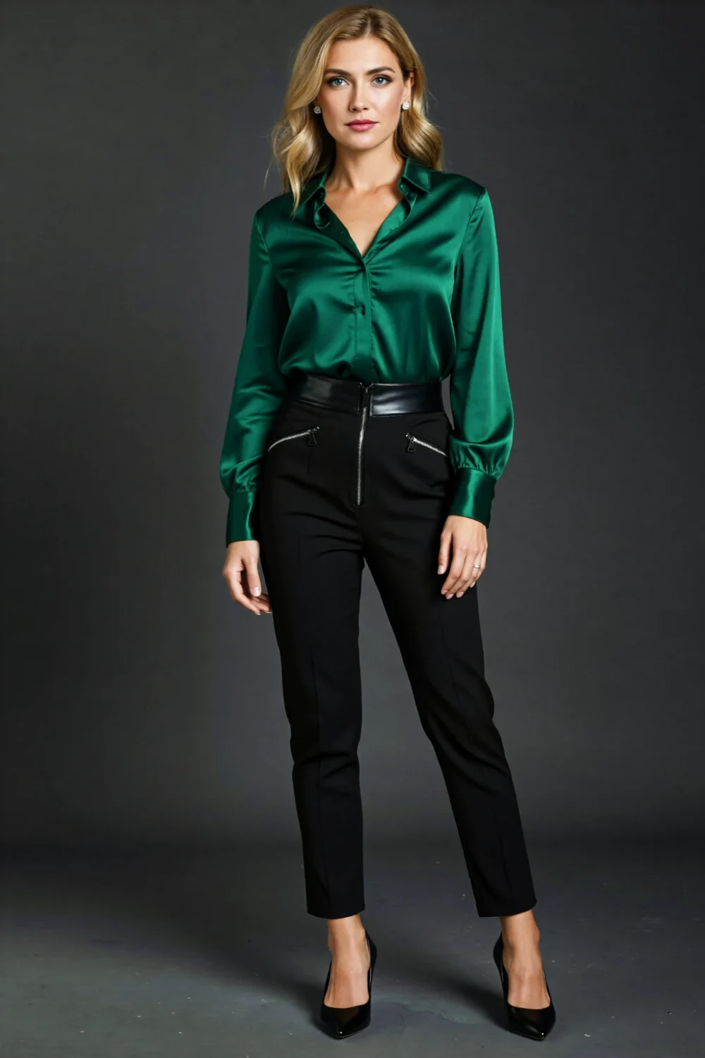 Woman in emerald green blouse with slim black cigarette trousers and pointed heels, creating a sleek, powerful evening look