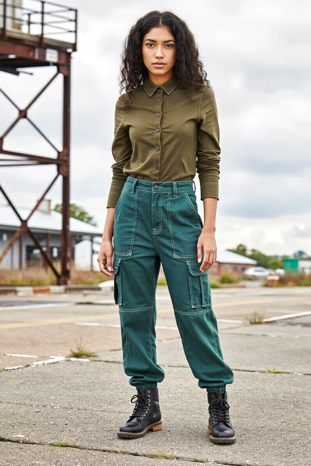 Woman in dark green shirt and utility cargo pants with rugged boots, creating a refined tonal streetwear look outdoors.