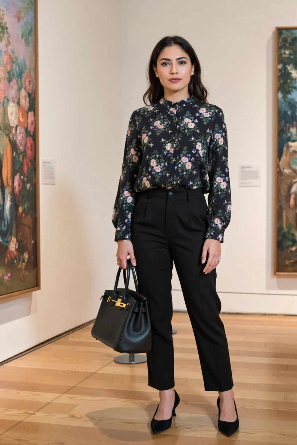 Woman in a dark floral blouse tucked into black trousers, carrying a structured black handbag and wearing black pumps in gallery