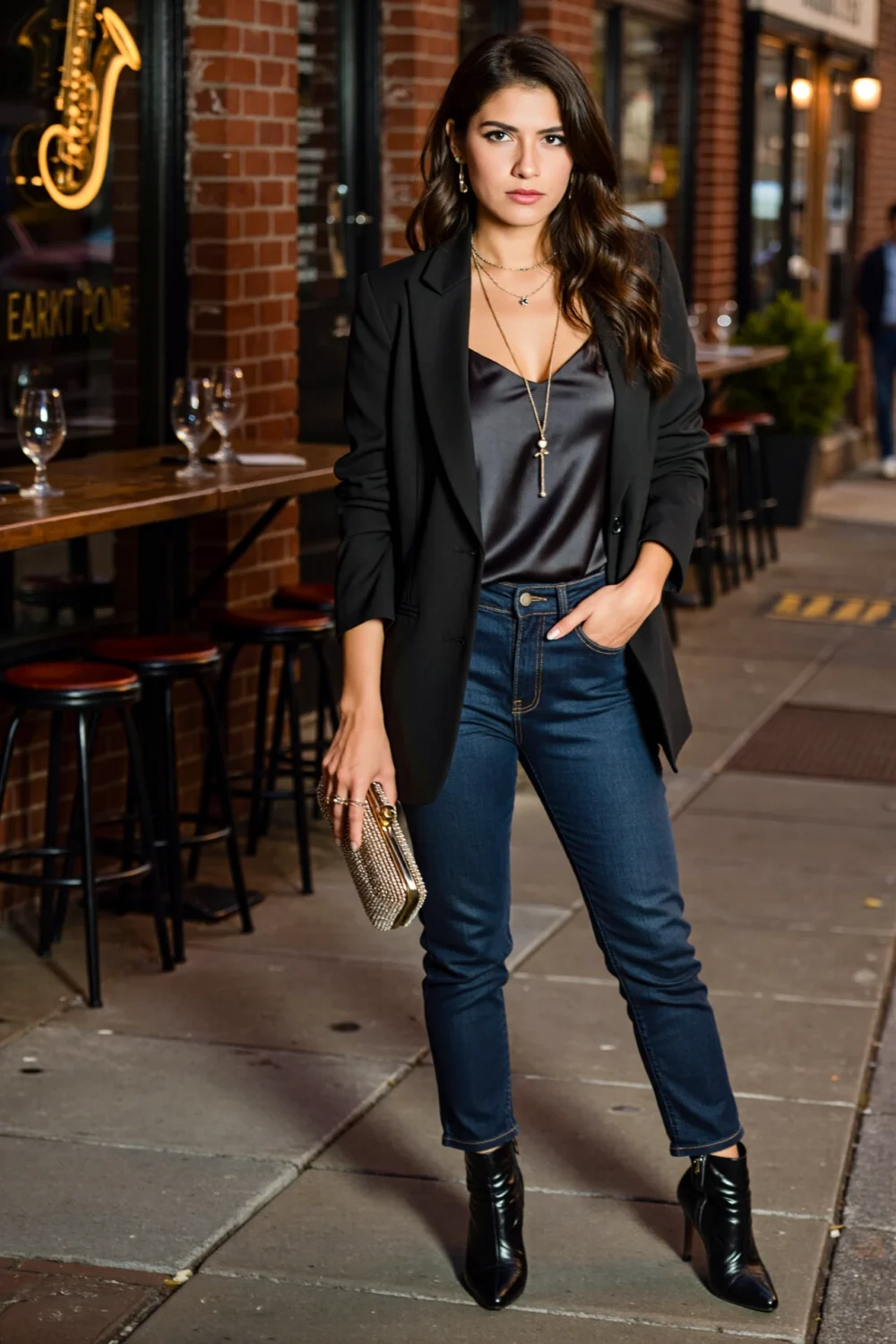 Woman in dark jeans, silk cami, and sharp blazer, styled with heeled boots and metallic clutch for a modern jazz-bar look