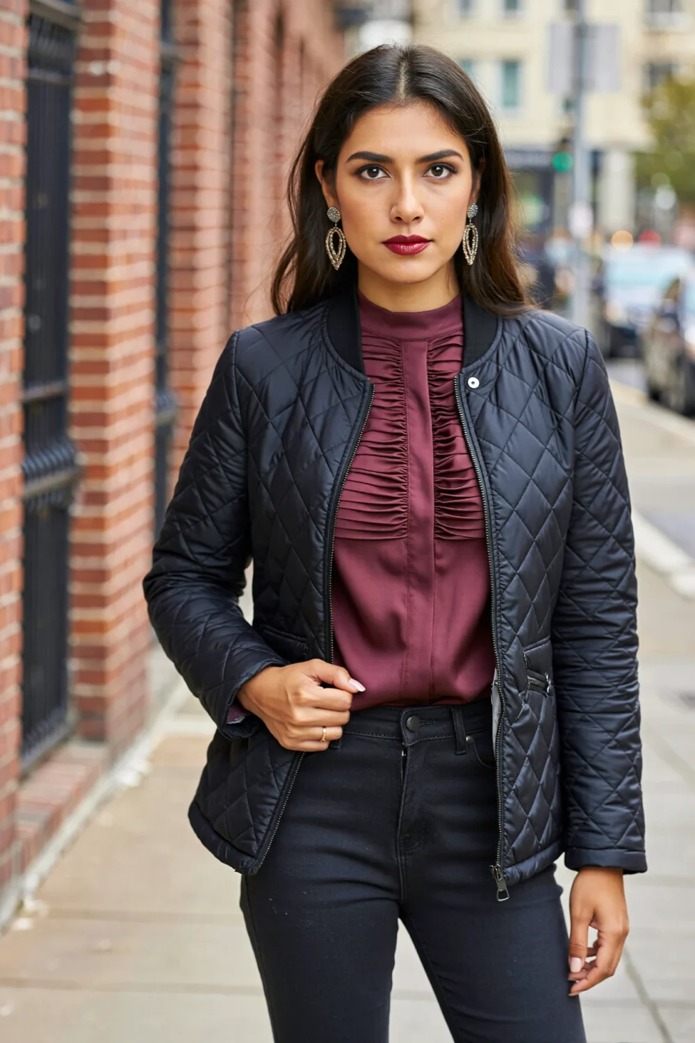 Woman in dark straight jeans, jewel-toned blouse, and lightweight quilted jacket, styling a polished holiday-ready street look