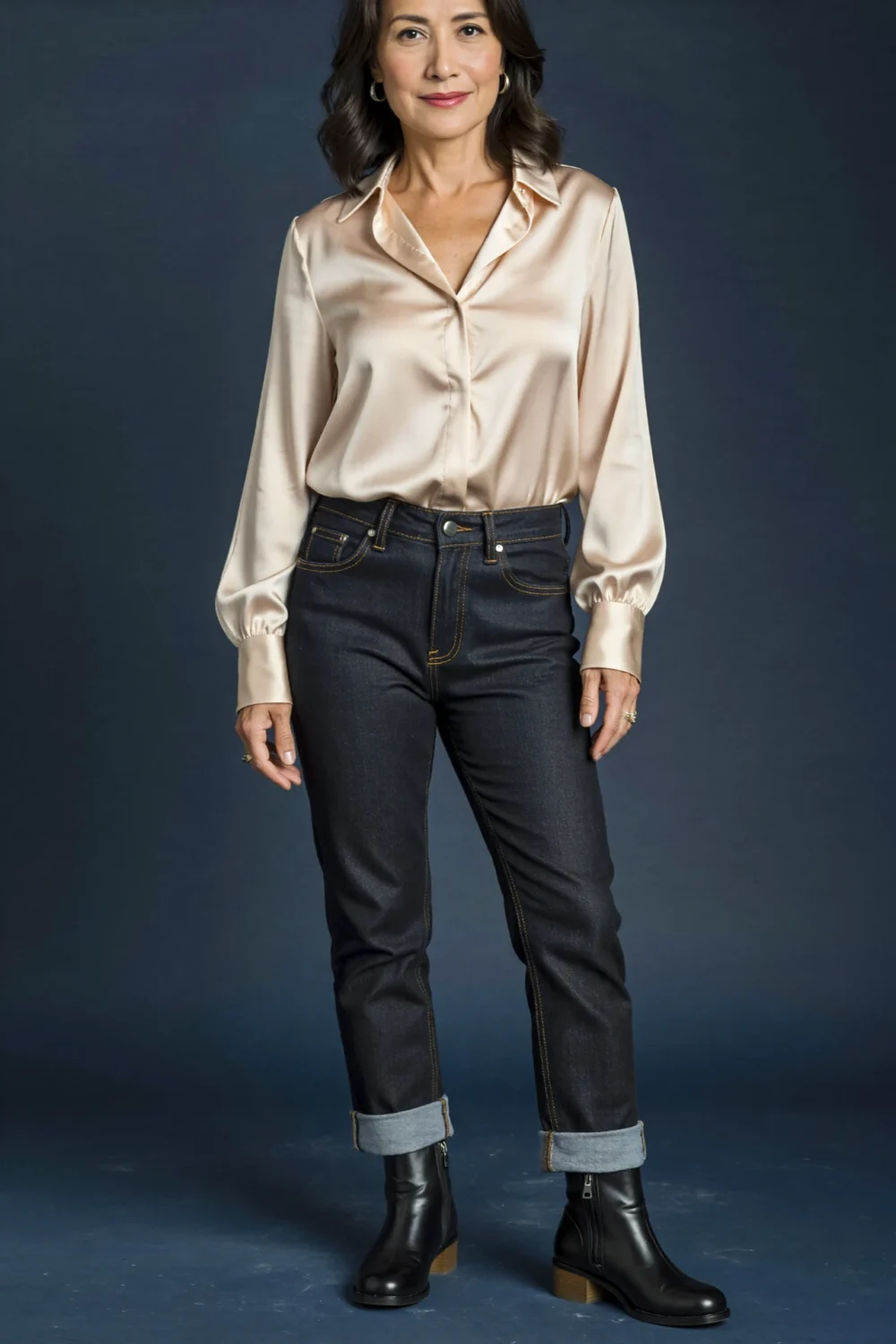 Woman in silky blouse, dark straight jeans and black ankle boots, a polished outfit for a chic summer concert look