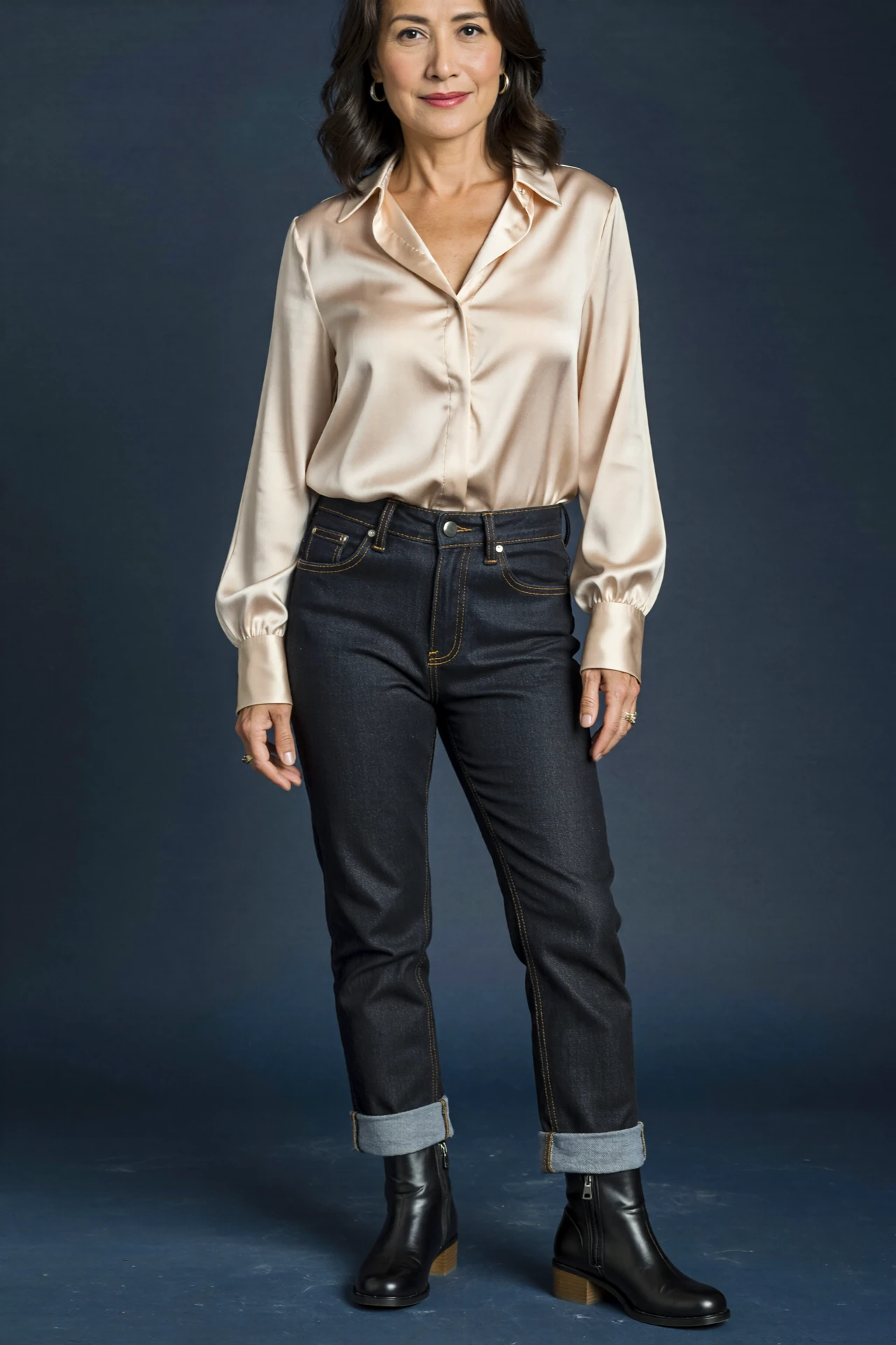 Woman in silky blouse, dark straight jeans and black ankle boots, a polished outfit for a chic summer concert look