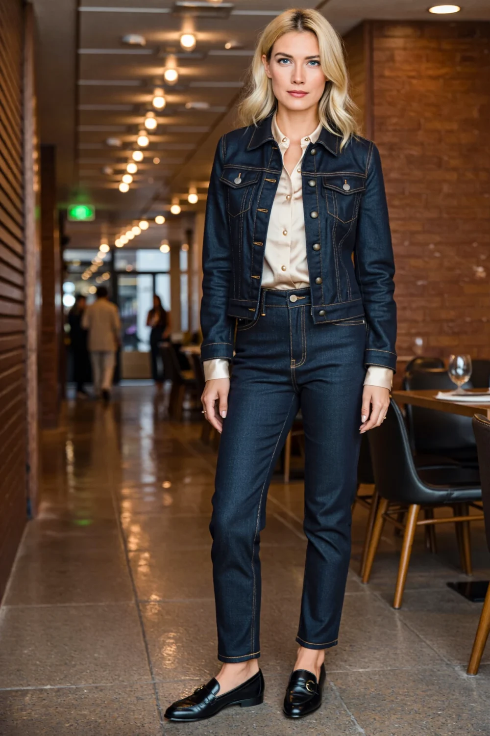 Elegant woman in dark tailored denim, silk blouse, and cropped jacket, creating a polished modern ballet audience look.