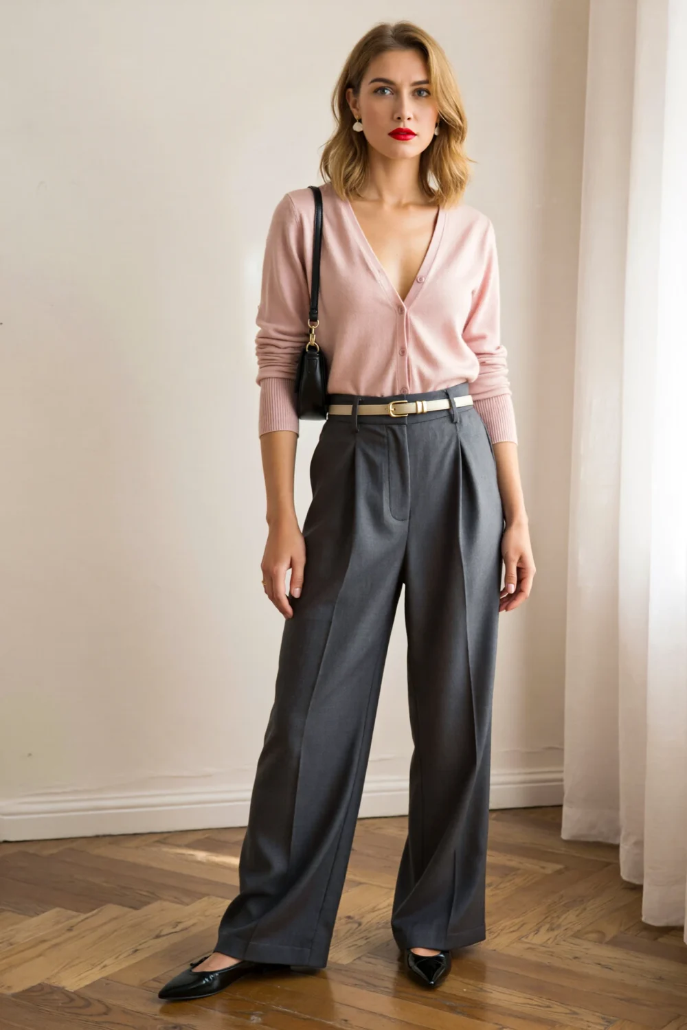 Woman in slate trousers and a soft pink cardigan, styled with a belt, black handbag, red lip, and pointed black flats indoors