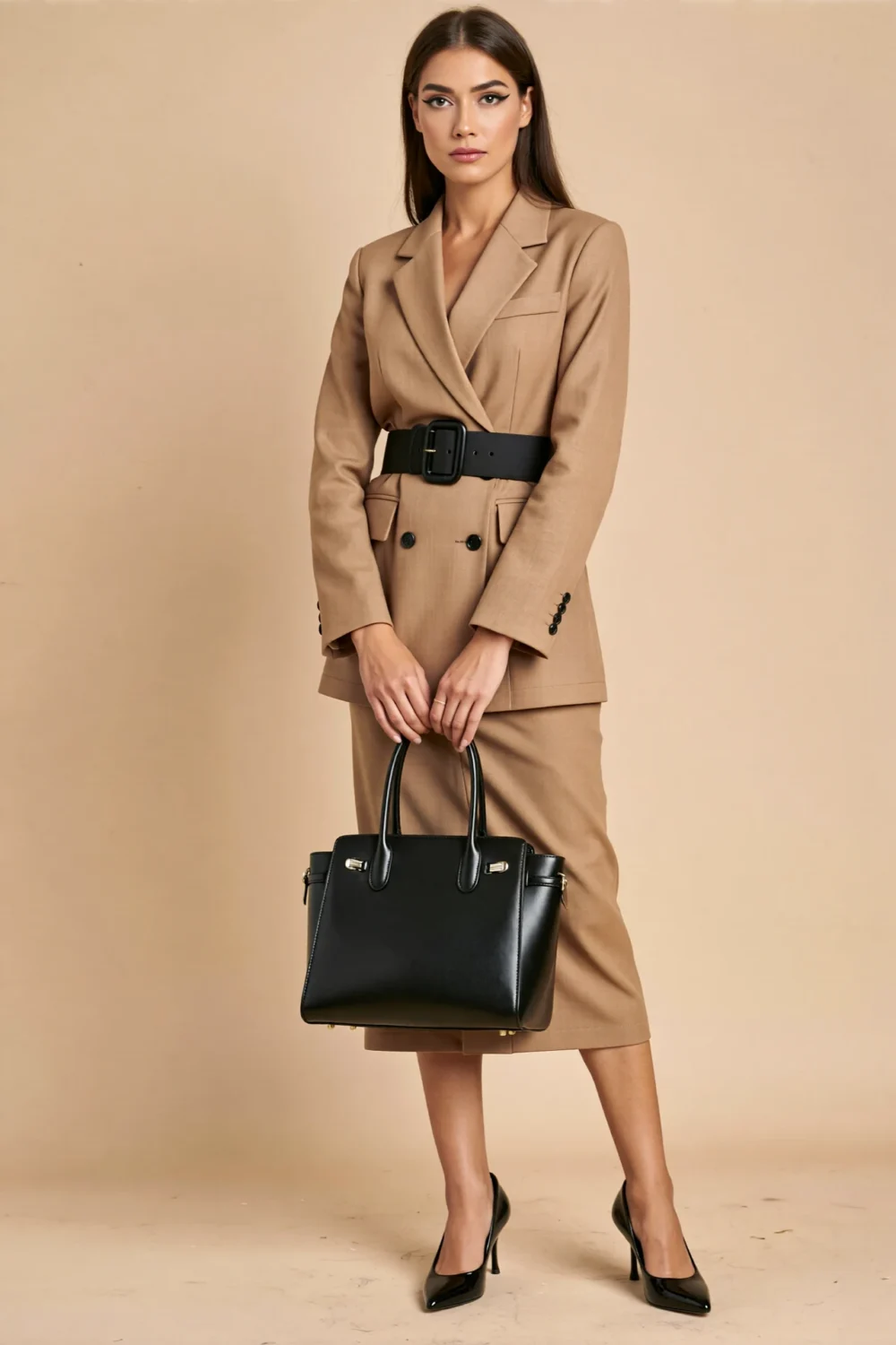 Model wearing deep camel blazer and skirt cinched with a wide black belt, holding a black handbag and wearing polished black pumps.