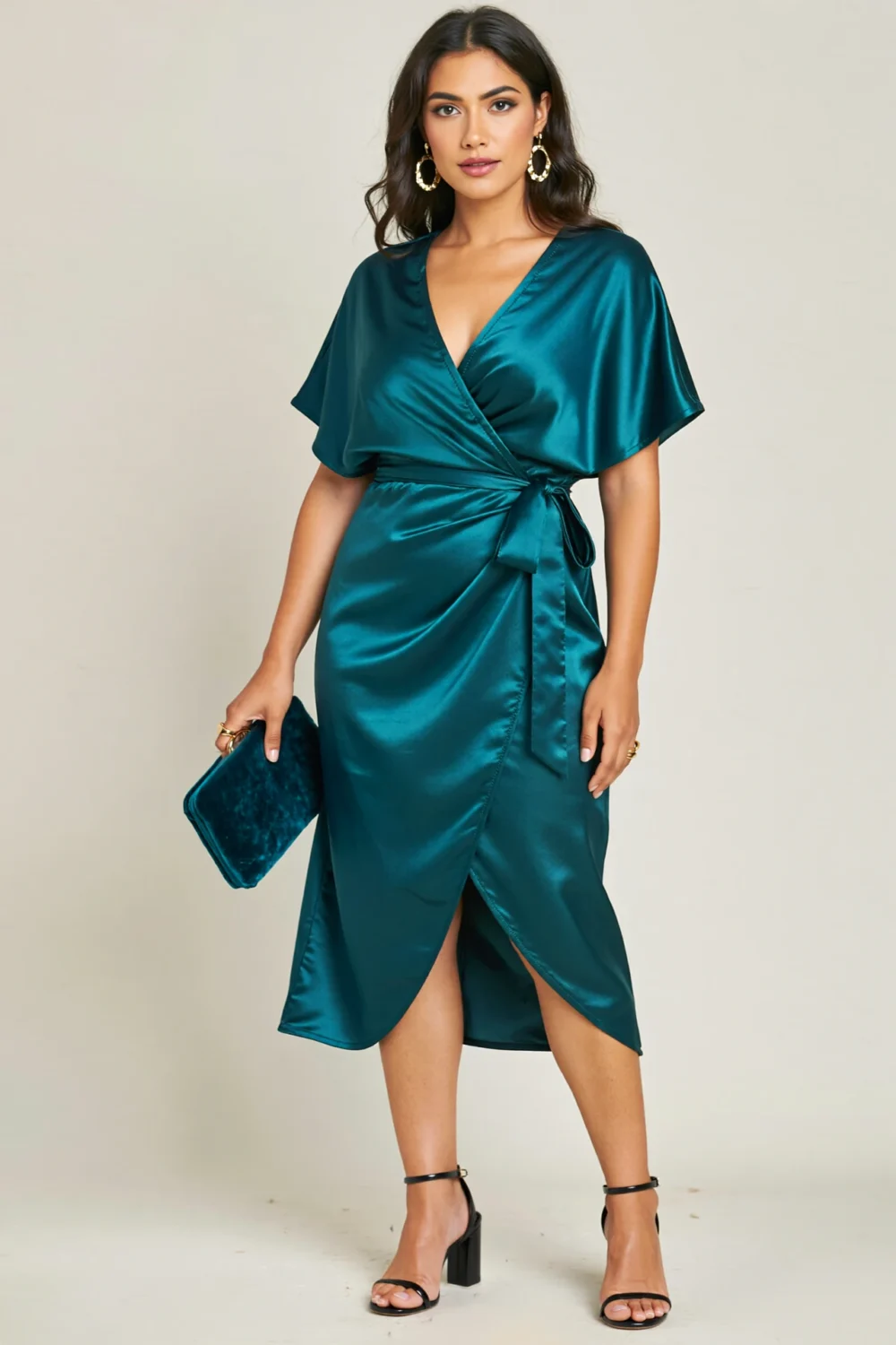Model in deep teal satin wrap midi dress with draped lapels, slit hem, and heels, styled for an elegant fall wedding guest outfit