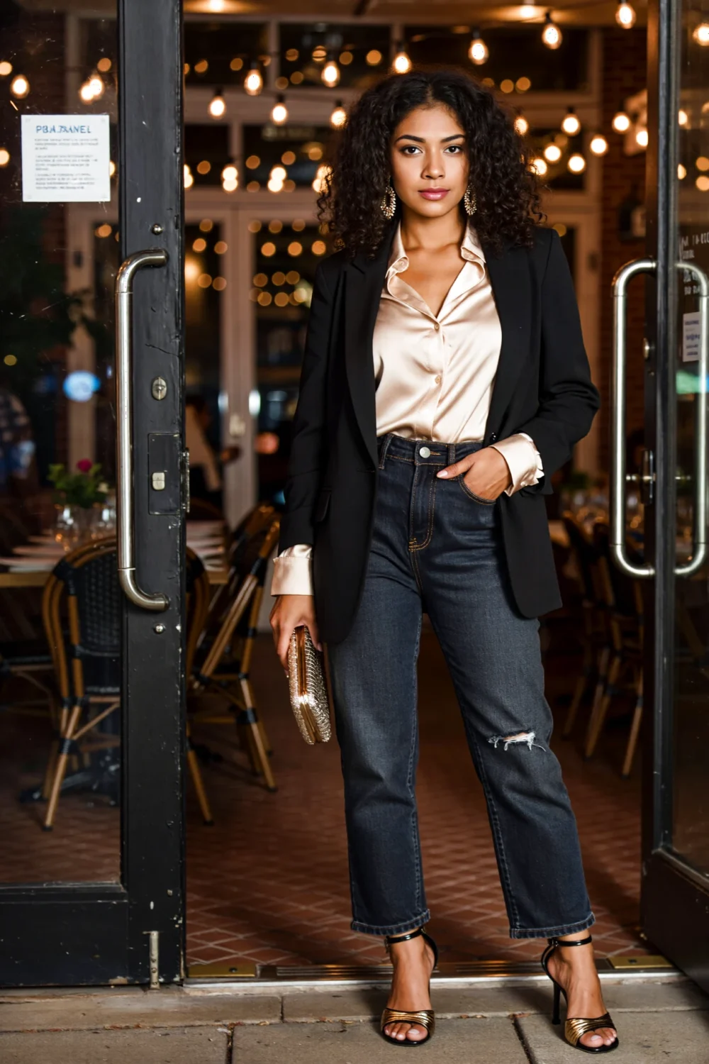Dressed-up denim: woman in dark-wash jeans, silk blouse and black blazer, gold clutch and heeled sandals at restaurant doorway