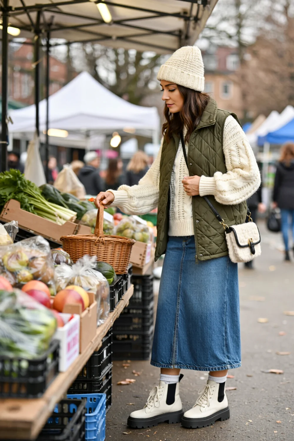 Woman at farmers market wears denim maxi, fisherman sweater, olive quilted vest, beanie and platform boots while picking produce