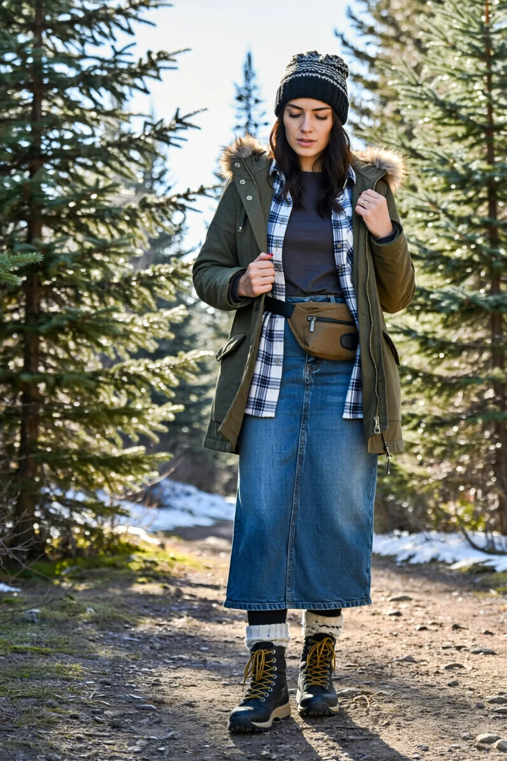 Woman in parka, beanie, flannel and thermal tee layered over a denim maxi with belt bag, wool socks and lace-up hiking boots.