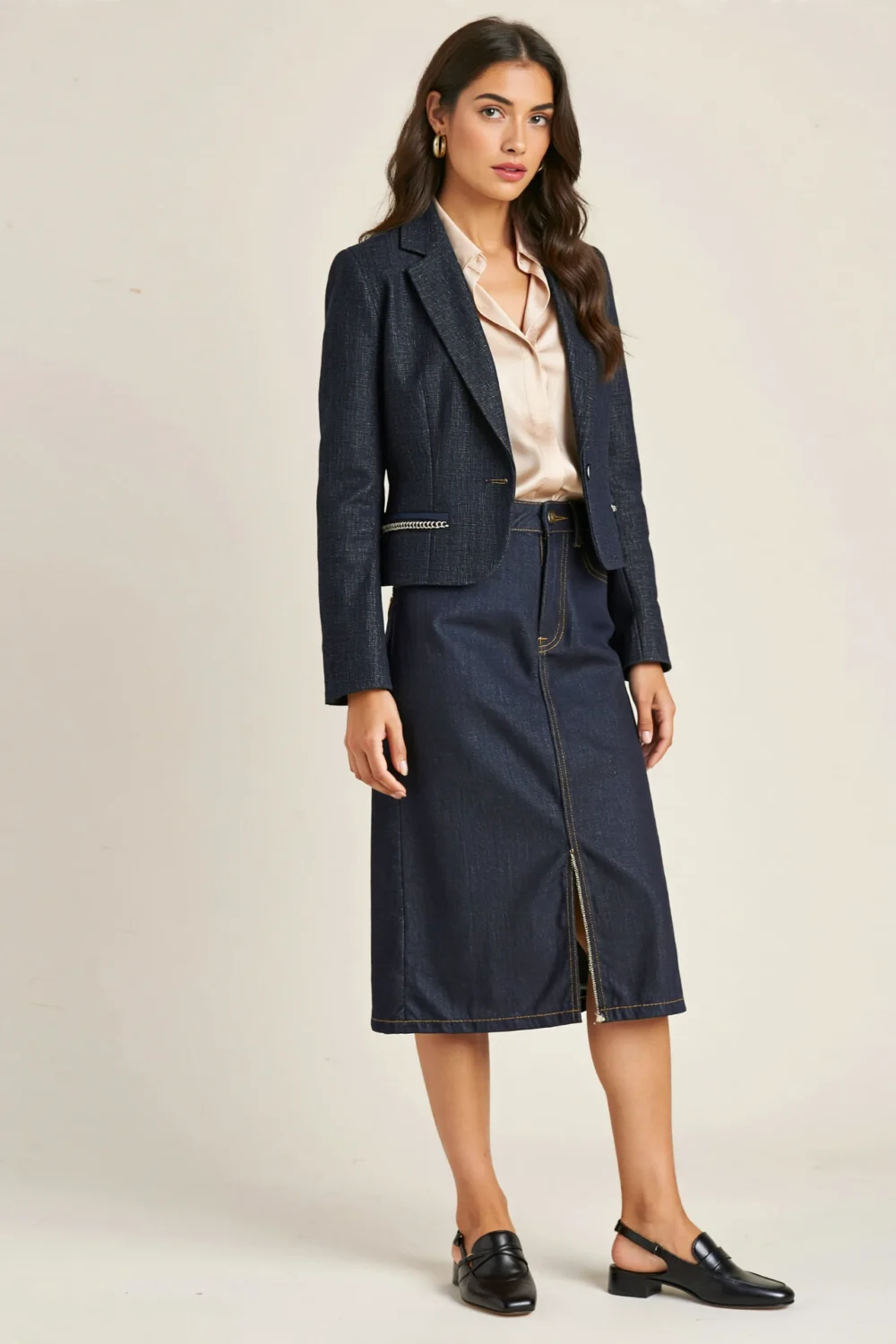 Model in a denim midi skirt, silk blouse, cropped blazer, and slingback flats for a polished, reunion-ready refined look