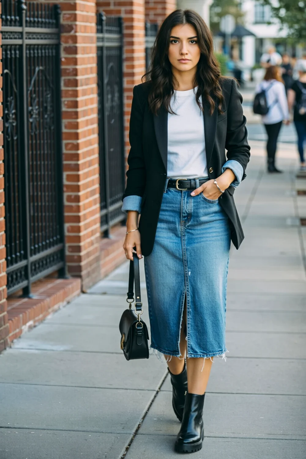 Street style look with denim midi, fitted white tee, longline black blazer, lug-sole boots, and a black handbag on a city sidewalk