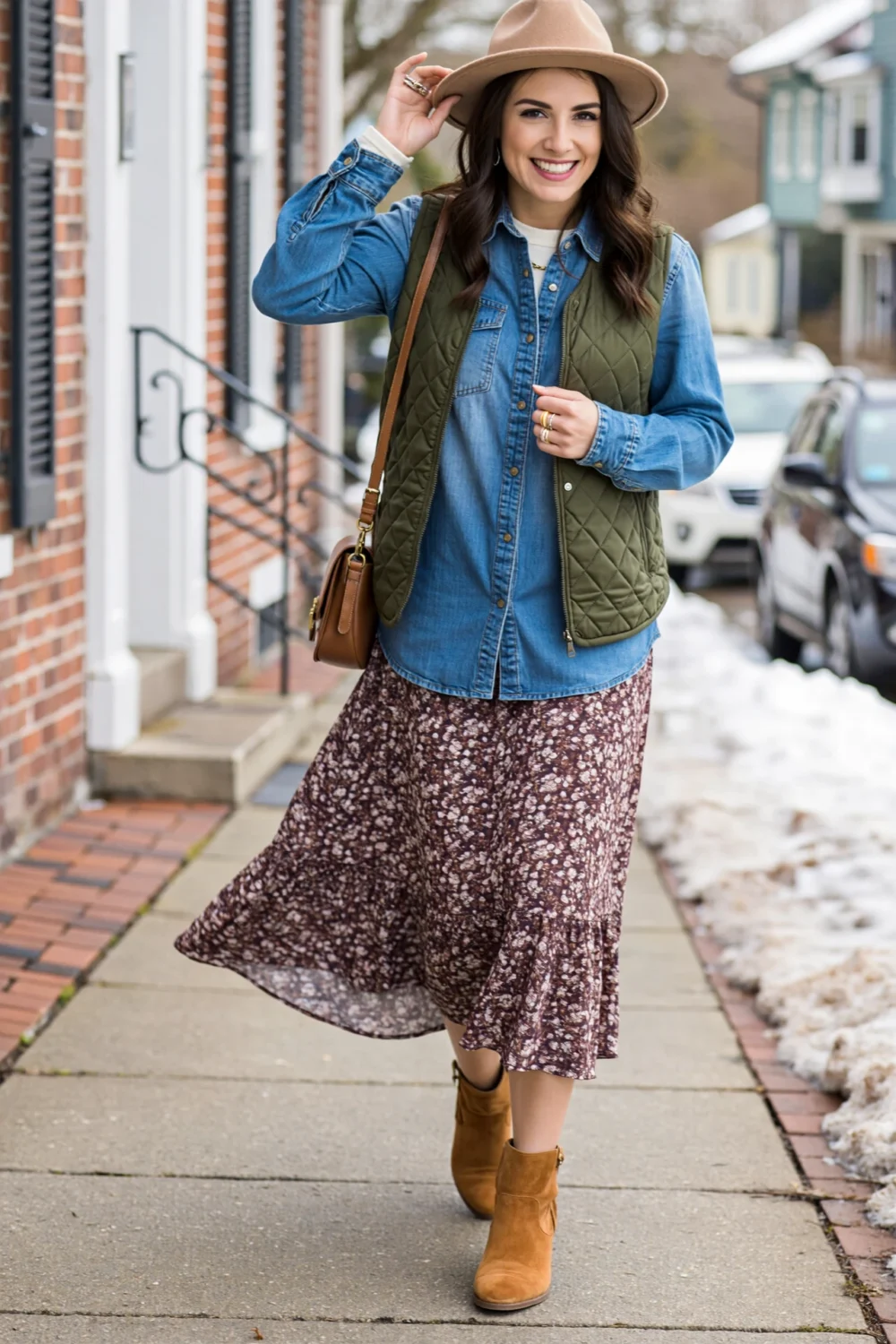 Smiling woman in a half-tucked denim shirt and olive quilted vest over a brown floral maxi, felt hat and suede ankle boots styled