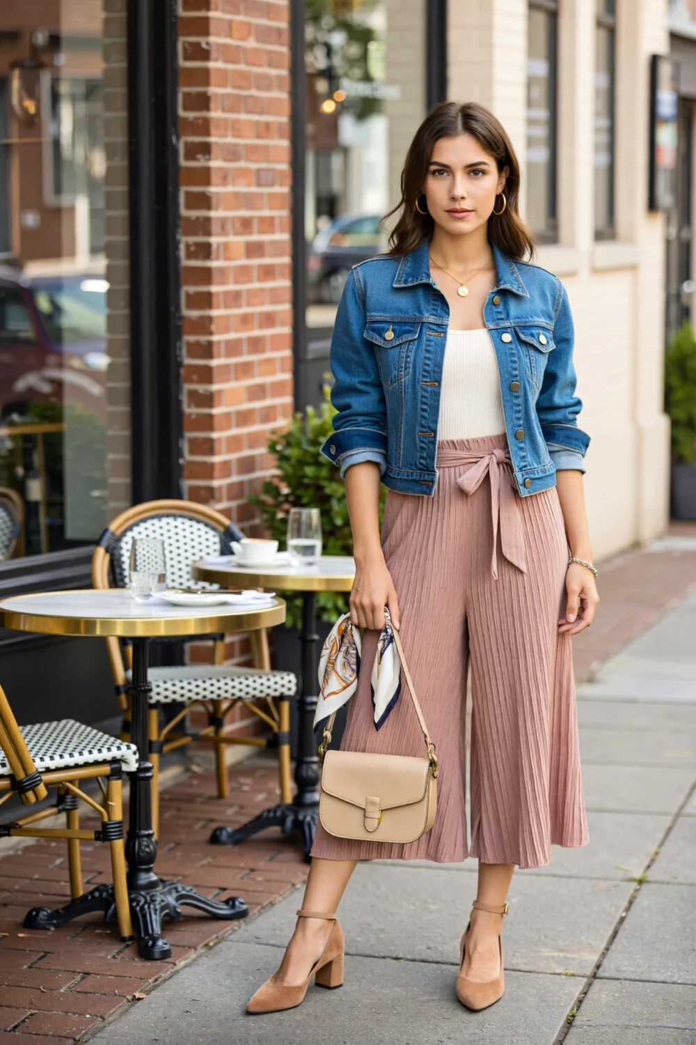Woman in cropped denim jacket, ivory bodysuit, and dusty-rose plissé culottes with nude heels, posing on a café sidewalk.