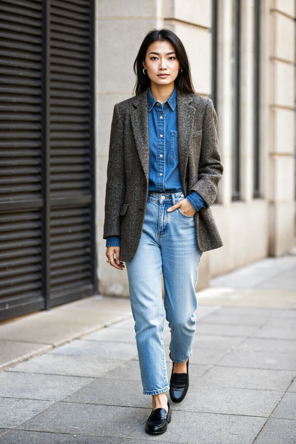 Woman walking in light blue jeans and darker chambray shirt under a brown wool blazer with black loafers, denim-on-denim style.
