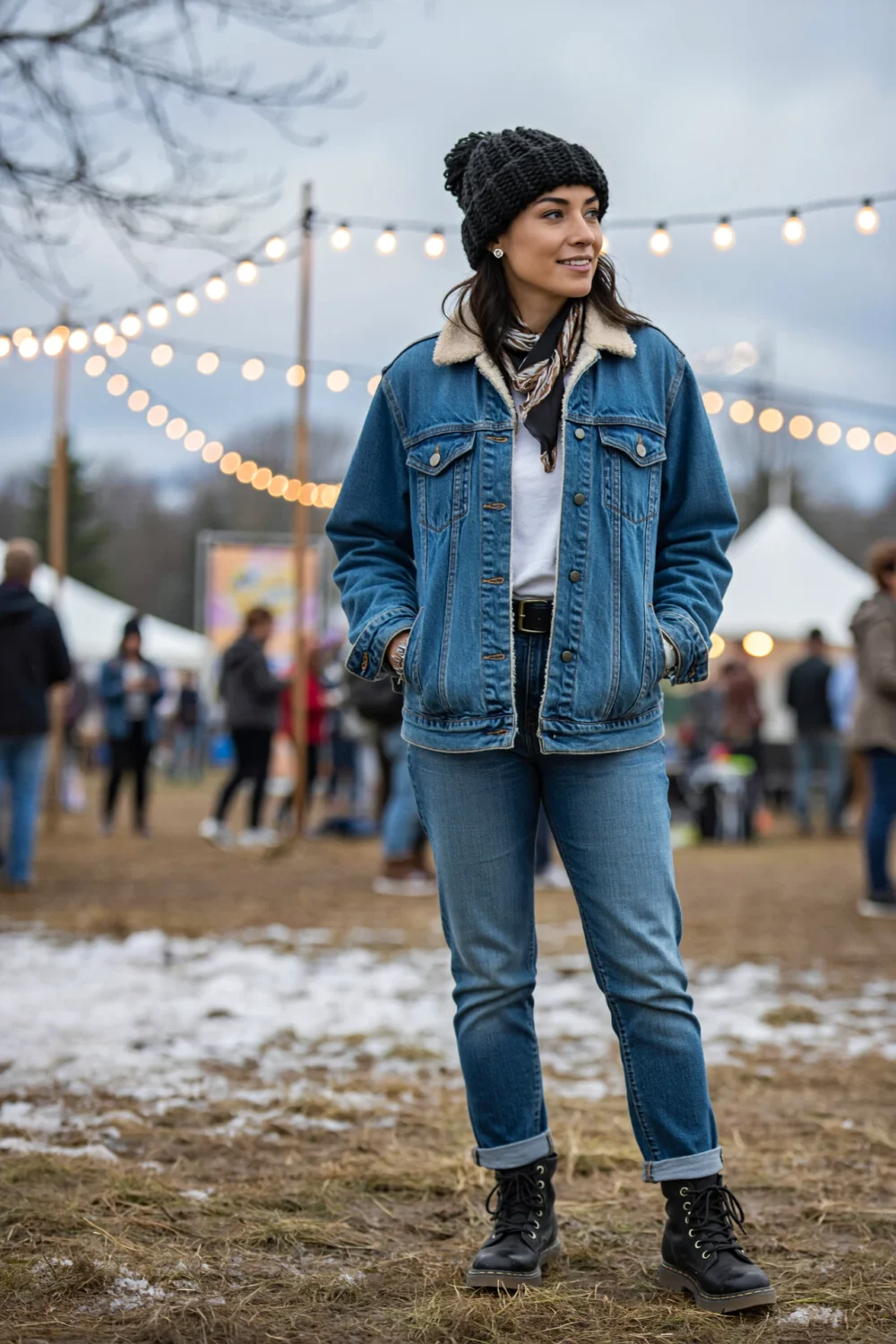 Woman in denim-on-denim: sherpa-lined jacket, straight jeans, knit beanie, satin neck scarf and lug-sole boots at a muddy fair