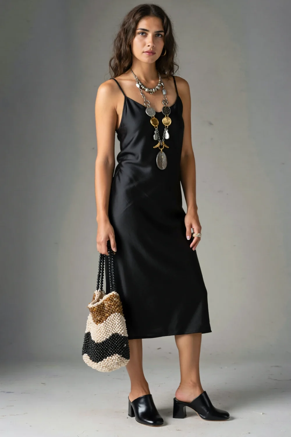 Eclectic maximalist styling with sculptural black mules, a hand-beaded market bag, and a DIY charm necklace over a sleek black dress