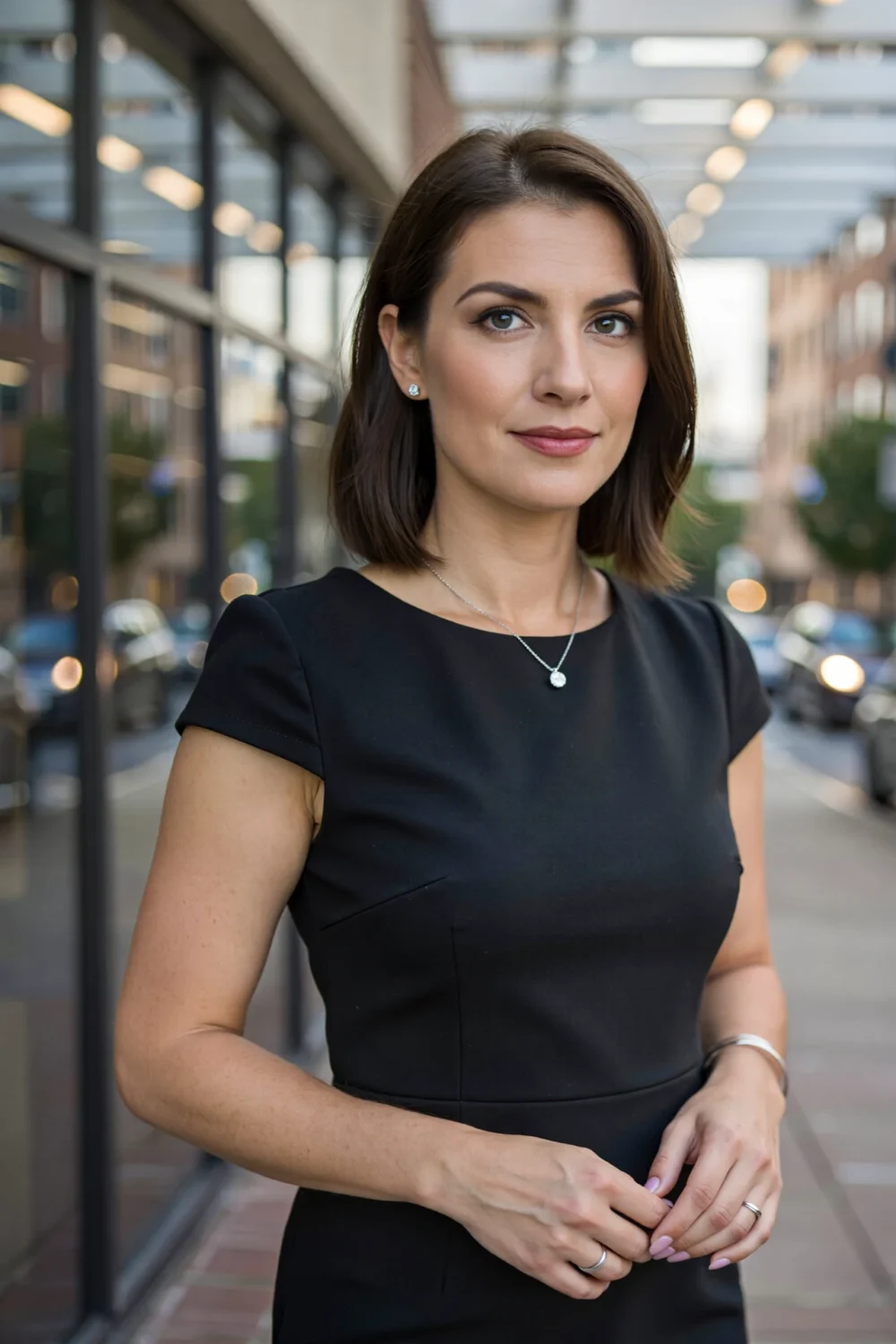 Woman in a black dress wearing a white gold diamond pendant, tiny stud earrings and a slim bangle — polished work-to-dinner LBD.