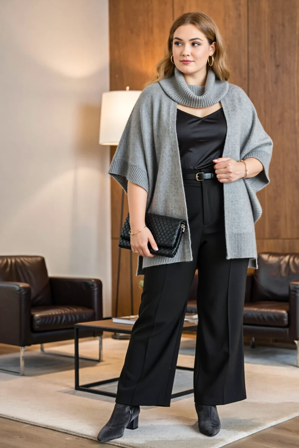 Woman in gray poncho knit, black wide-leg trousers and pointed ankle boots, styling a sleek cozy monochrome outfit indoors