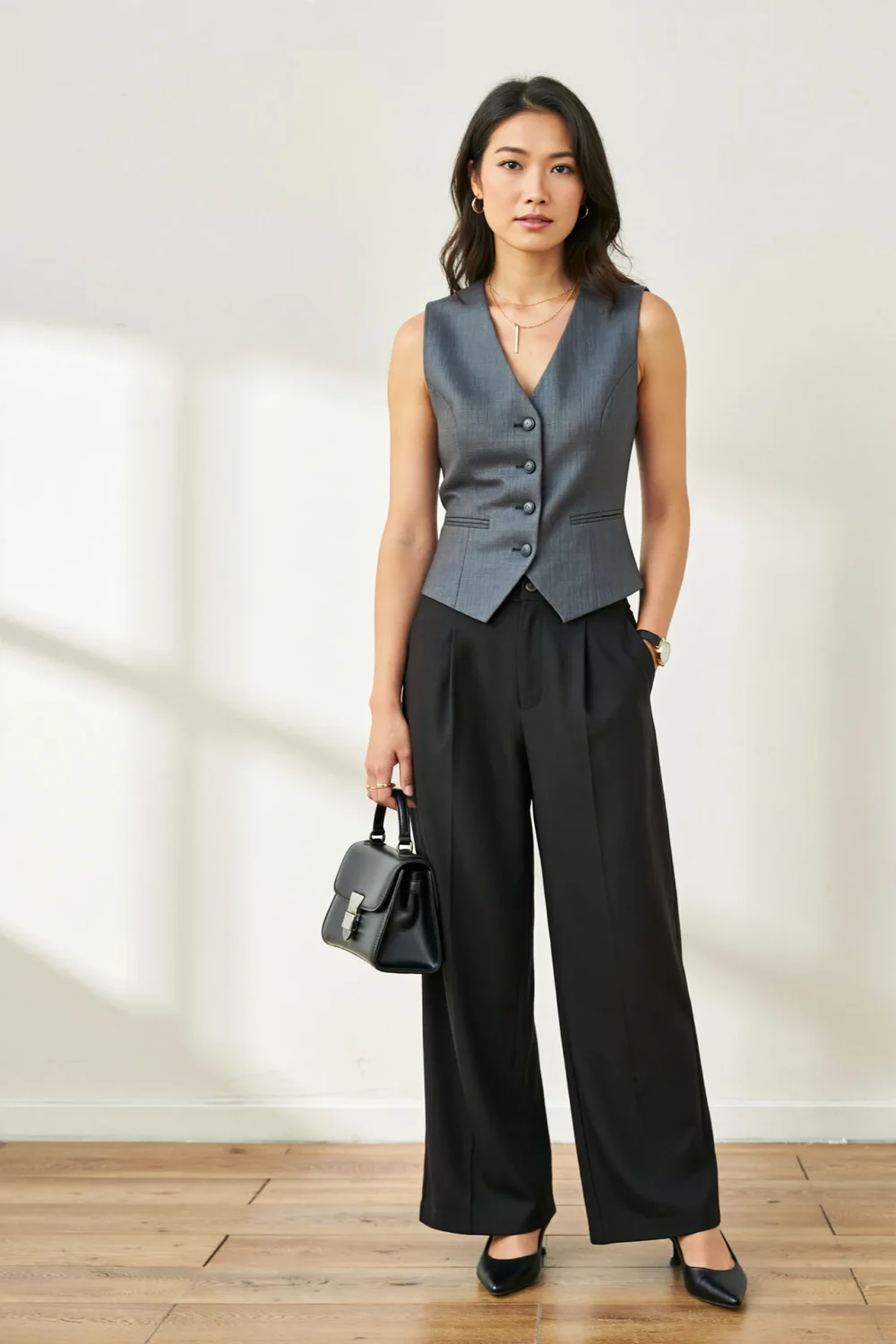 Dove-gray vest with deep V neck paired with pleated black trousers, slingback heels, and mini bag for polished tailored style