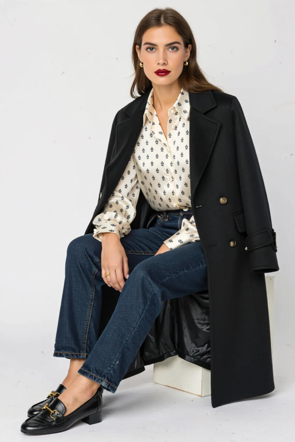 Dark straight-leg jeans with a satin micro-print blouse, tailored black coat, and heeled loafers create a polished Broadway matinee look.