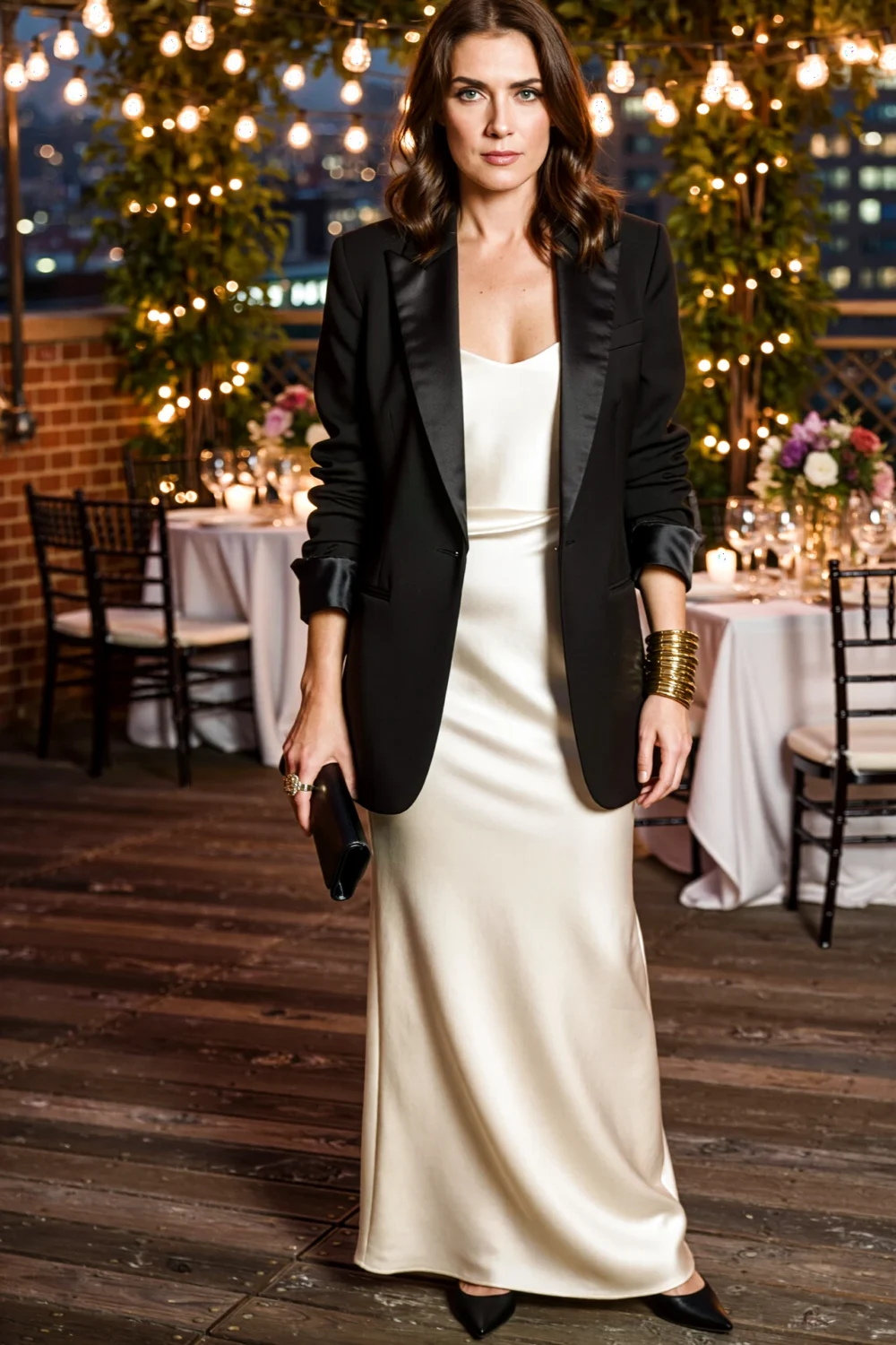 Woman in a black tuxedo blazer with satin lapels over a silk column slip dress, clutch and gold bangles at a twinkling wedding.