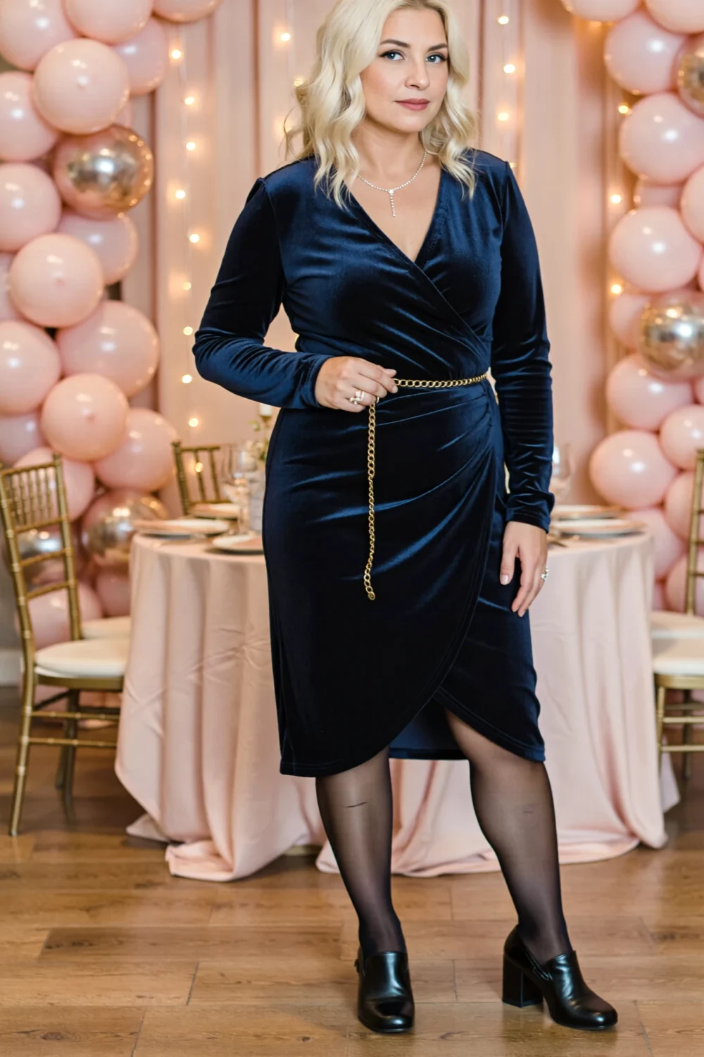 Woman in deep navy velvet wrap midi cinched with gold chain belt, sheer tights and black block pumps before pink balloon backdrop