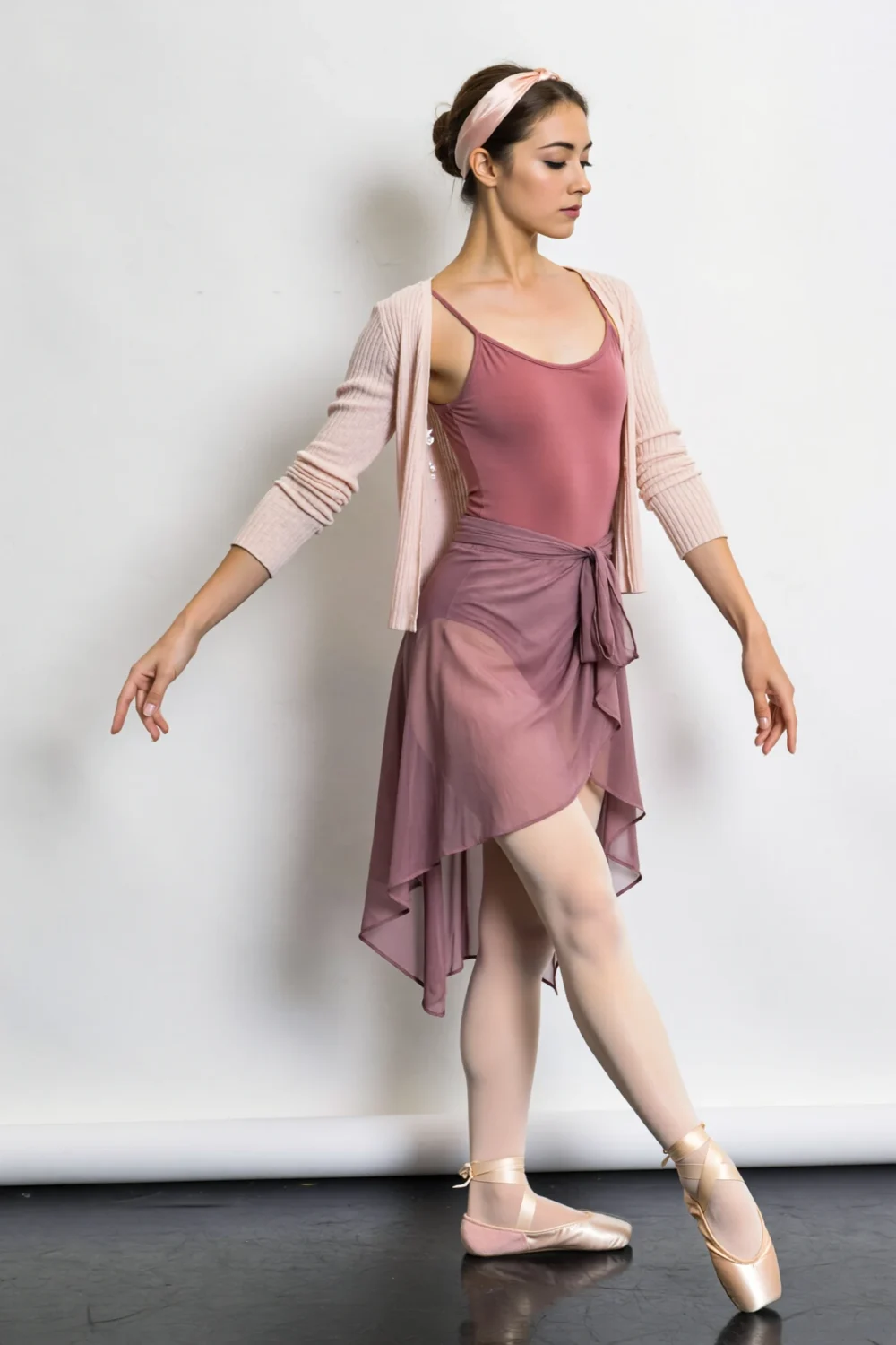 Dusty rose ballet set with camisole leotard, chiffon wrap skirt, convertible tights and warm-up shrug on a poised ballerina in studio pose