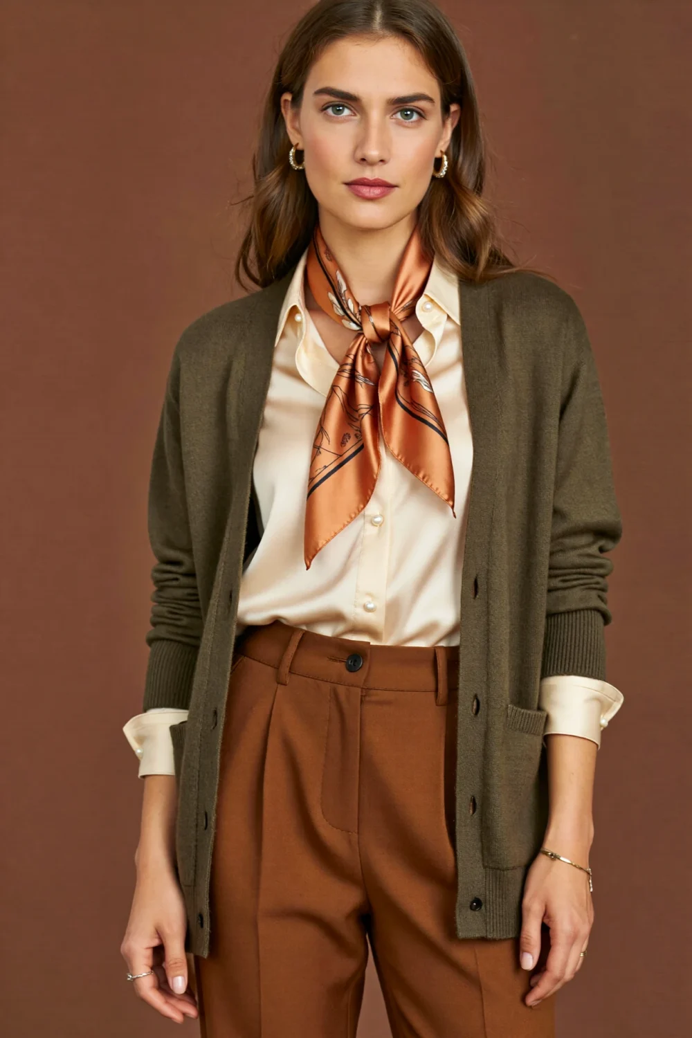 Woman in olive cardigan, cream blouse, brown trousers and copper scarf, creating a polished earth-toned autumn office look.