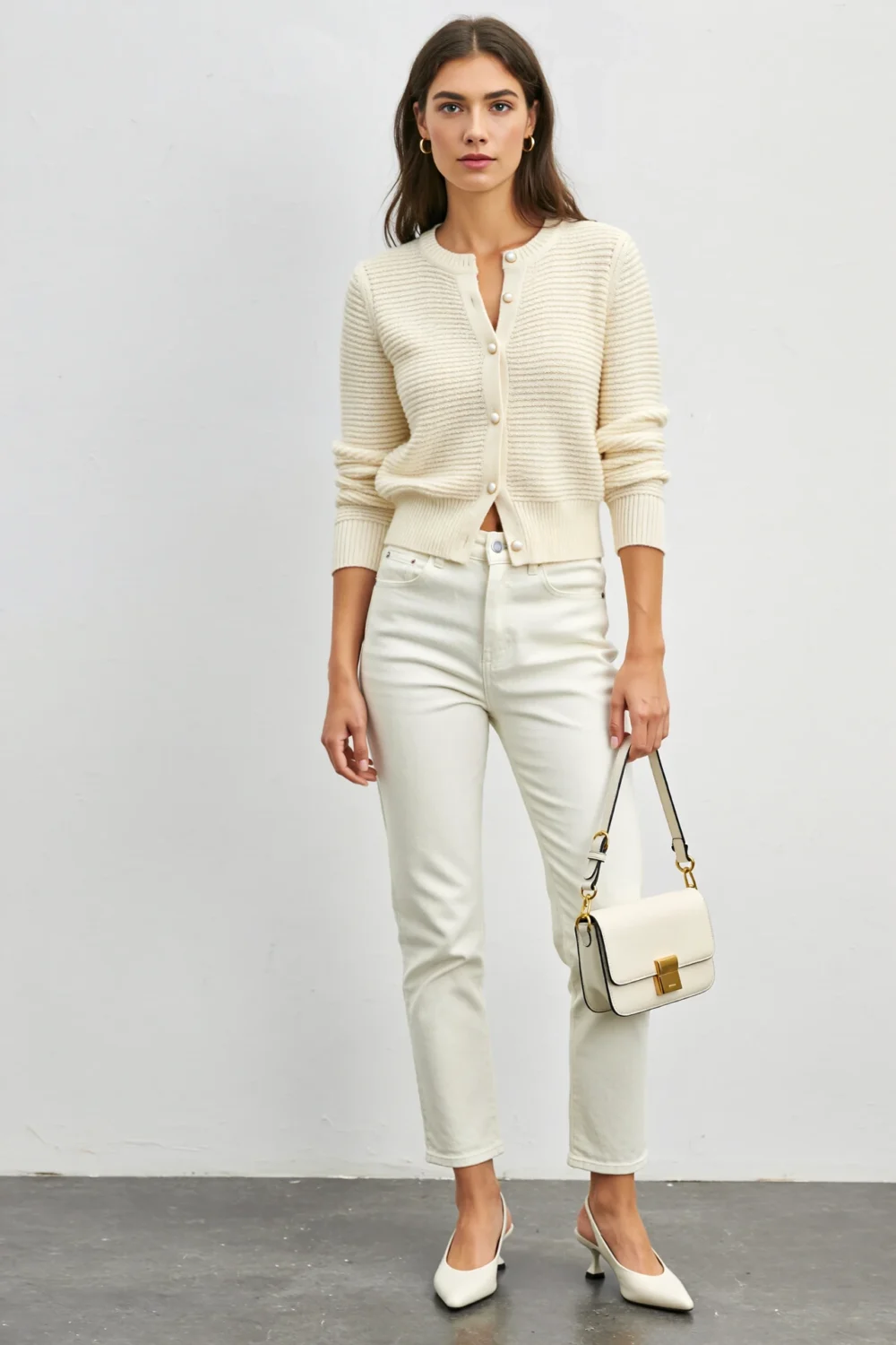Ecru monochrome outfit with tailored jeans, matching cardigan, slingback heels, and structured handbag for a polished daytime look